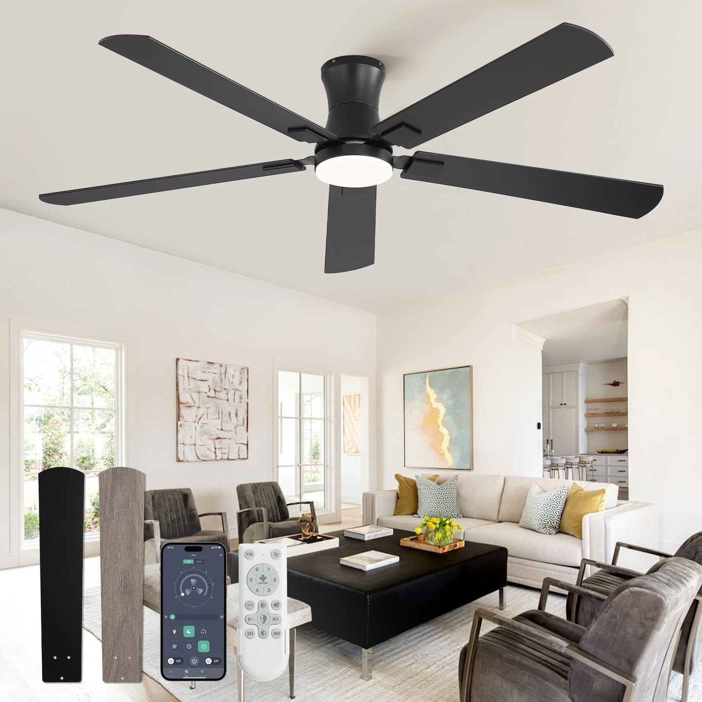 Fanbulous 52 inch Ceiling Fan with Light, Low Profile, App & Remote Control | Flush Mount, Stepless Dimming LED Light, Quiet Reversible DC Motor, Memory Function, Living Room, Bedroom, Patio, Black