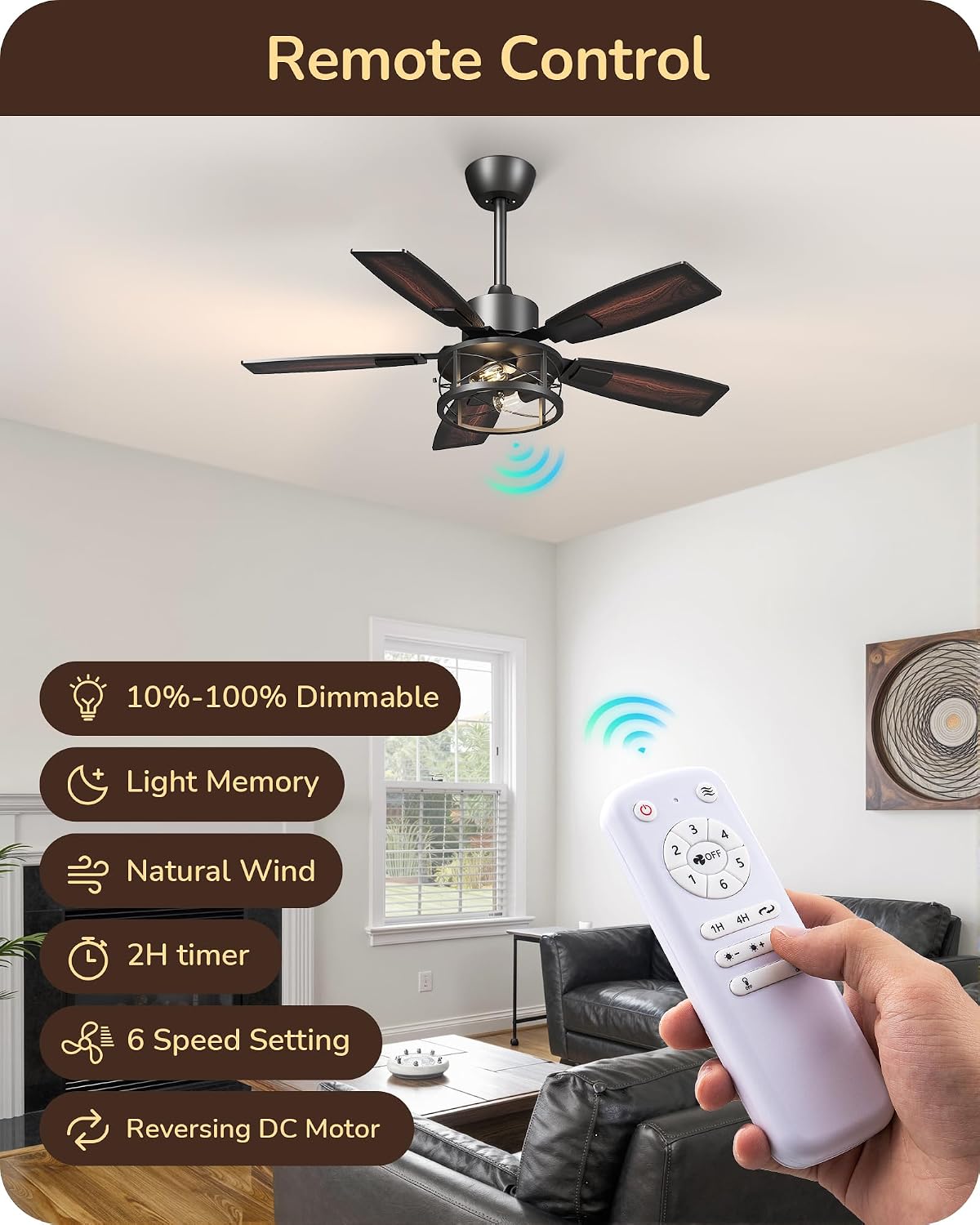 EDISHINE 42" Farmhouse Ceiling Fans with Light and Remote,10%-100% Dimmable | Reversible DC Motor, 6 Speed, 5 Wooden Blades, Timer, Rustic Caged Fandelier Ceiling Fan for Living Room, Bedroom