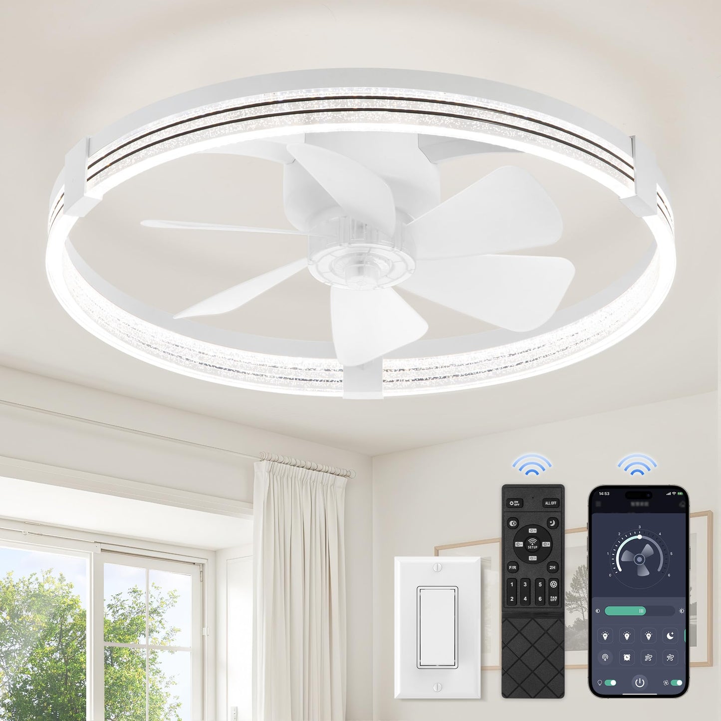 ZMISHIBO Ceiling Fan with Light and remote, 23'' Low Profile Ceiling Fans | Flush Mount Modern Ceiling Fan and Remote Control, 3000K-7000K Dimmable, Modern Fandelier for Bedroom, Living Room