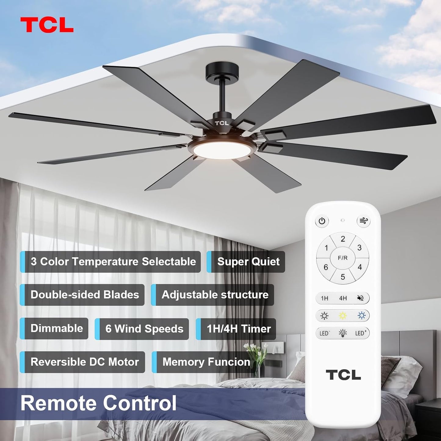 TCL Ceiling Fans with Lights and Remote: 72 Inch 8 Blades Black DC Fan | Quiet Reversible DC Motor, Dimmable Super Bright LED, Noiseless Large Modern Fan for Room, Commercial and Industrial Use