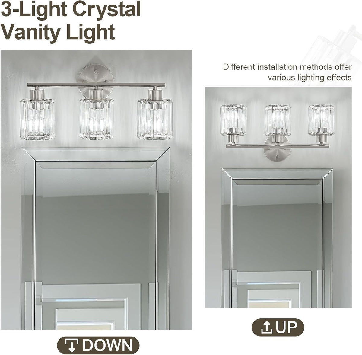 Modern Brushed Nickel Crystal Bathroom Light Fixtures,3-Light | Bathroom Lighting Fixtures over Mirror,Vanity Lights for Mirror, Restroom(Ceramic E26 Socket,Bulbs Not Include)