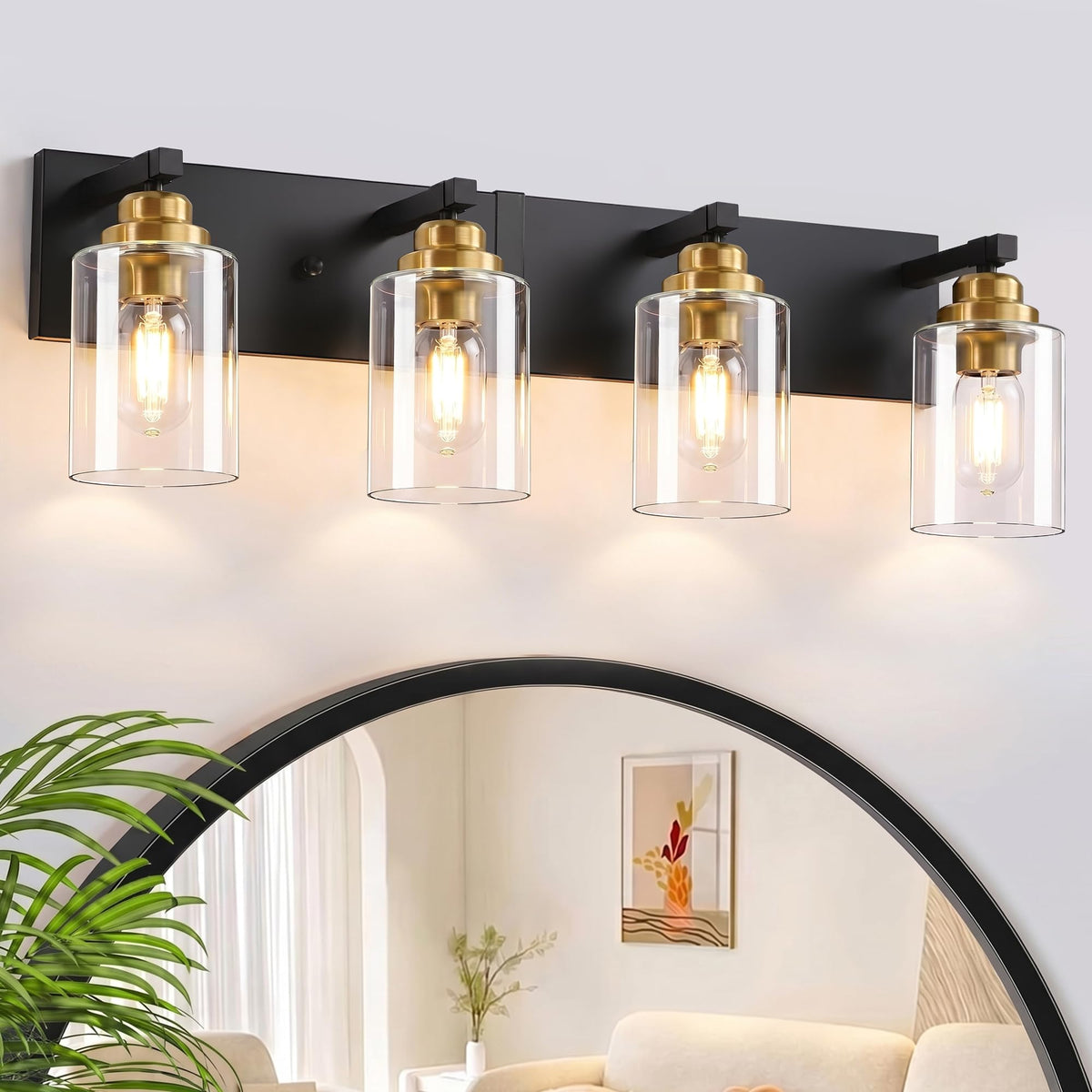Farmhouse 3-Light Bathroom Vanity Light Fixtures, Black and Wood | 18.8″ Rustic Matte Black Metal Frame, Clear Glass Shades, Vintage Wall Sconces Lighting Over Mirror, for Bathroom Restroom