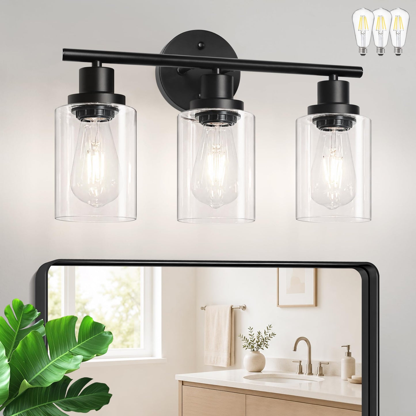 Modern Bathroom Light Fixtures, 3 Light Vanity Lights, Black Wall Lamp with Clear Glass for Bathroom, Mirror, Living Room, Bedroom, Hallway, E26 Base