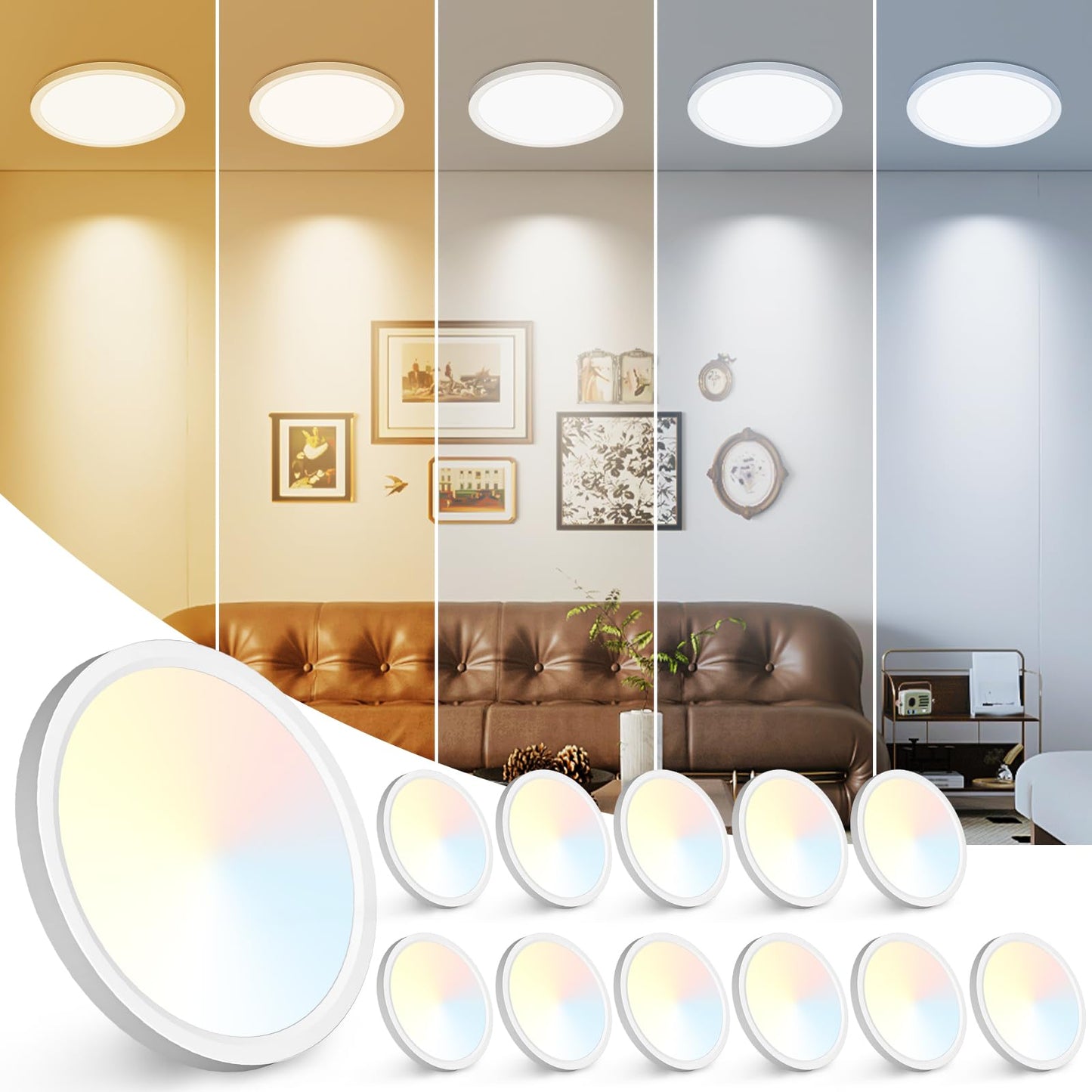 12Inch LED Ceiling Light Flush Mount, 5CCT 3000K-6500K Adjustable Ceiling Light Fixture, 2400LM 24W Bright White Flat Lighting Fixture for Hallway Kitchen Bathroom Bedroom, 6Pack