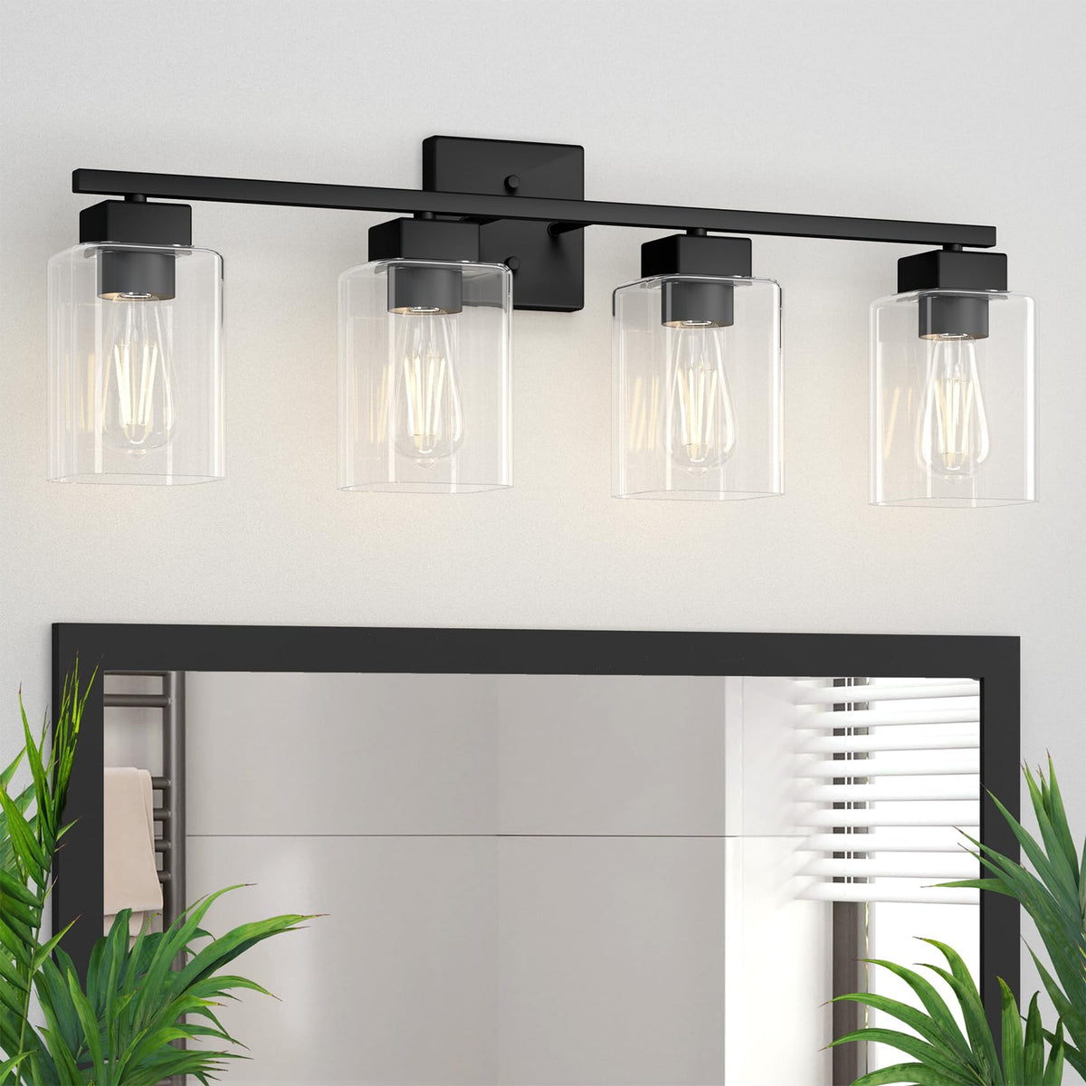 Matte Black Bathroom Vanity Light, 3-Light Vanity Lighting fixtures Over Mirror, Square Design & UL Certification, Wall Sconces with Clear Glass Shades, E26 Socket (Bulbs Not Included)