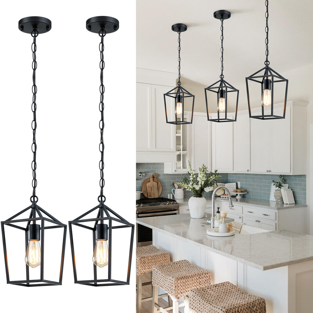 Sheetea 2 Pack Pendant Lights Kitchen Island, Modern Black Light Fixtures | Farmhouse Design, Ceiling Hanging Height Adjustable, Durable Metal, Quick & Easy Installation, Small Pendant Lighting