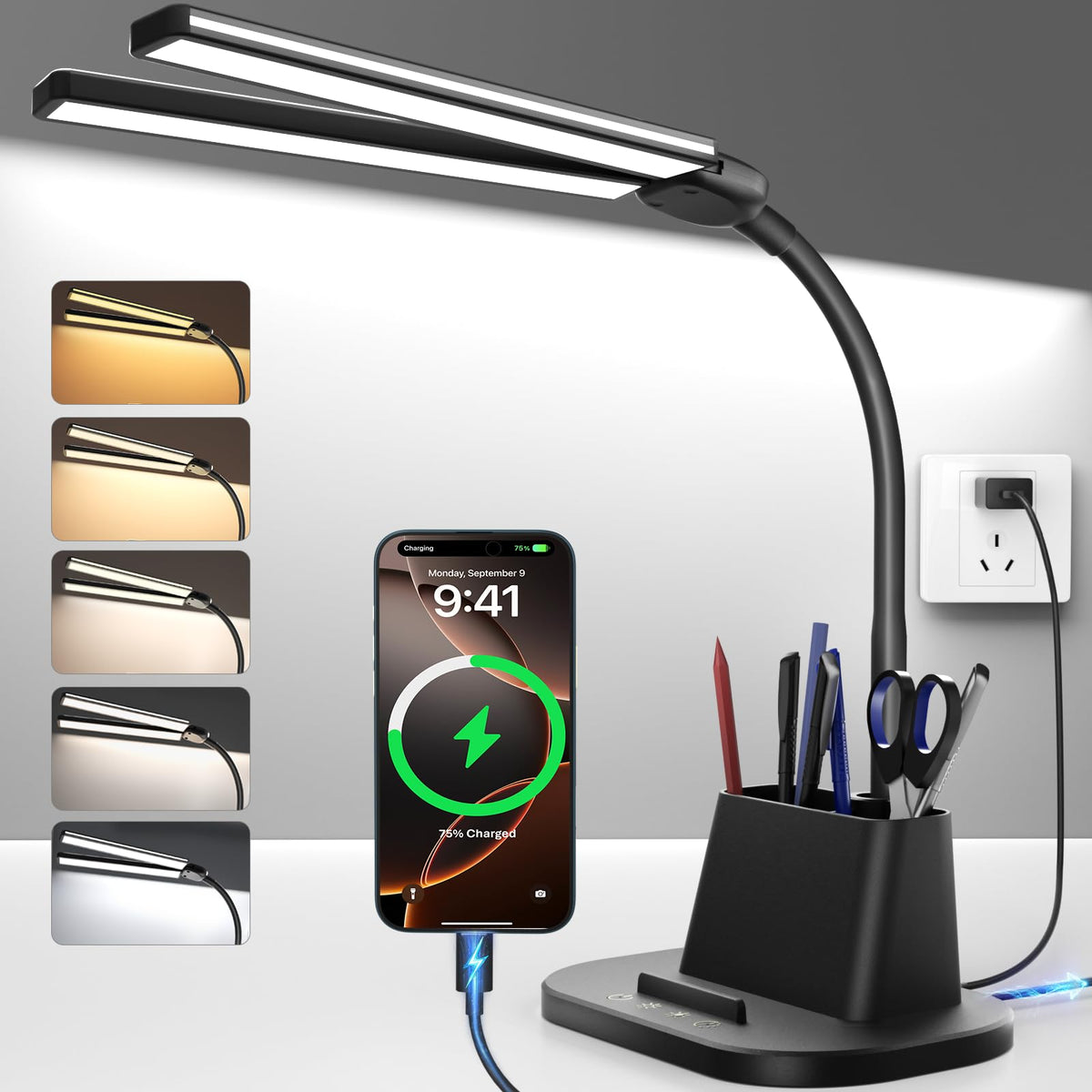 Airlonv LED Desk Lamp with Clamp, 17" Stepless Dimming Light, Black | 2700K-6500K, 100 LEDs, 360° Gooseneck, Fits Up to 30" Monitors, Flicker-Free Lighting for Home Office, Study& Workbench