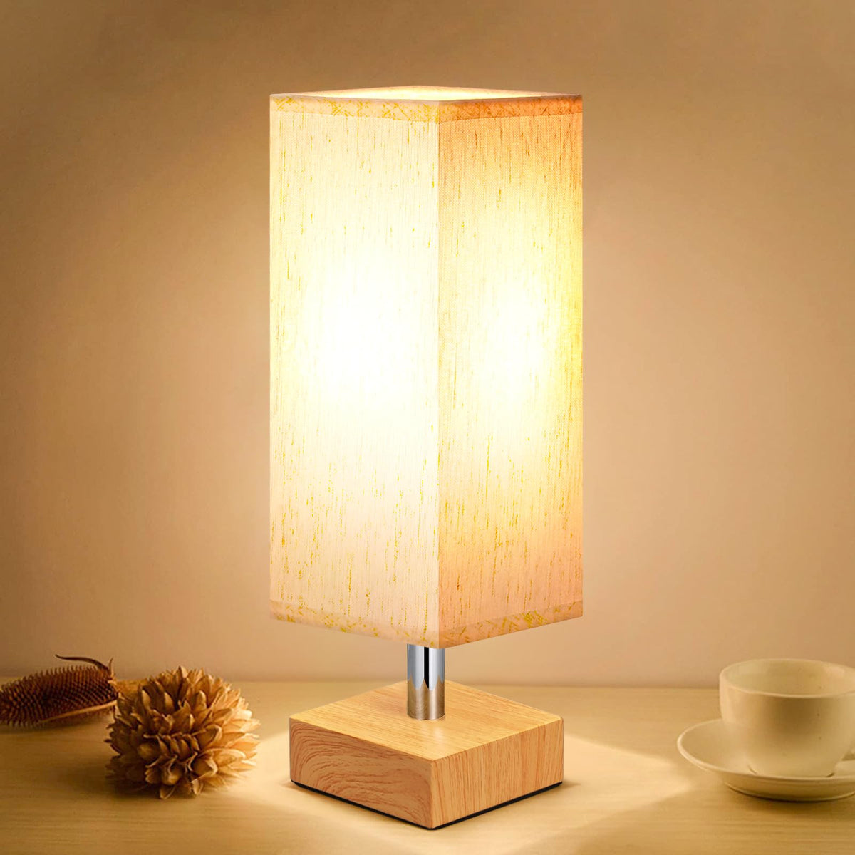 aooshine Small Bedside Table Lamp for Bedroom - Square Cream Fabric Shade | Inline Rocker Switch, Corded Electric, Bulb Not Included, 12.8" Mini Table Lamp for Nightstand, Desk, Dorm, Office