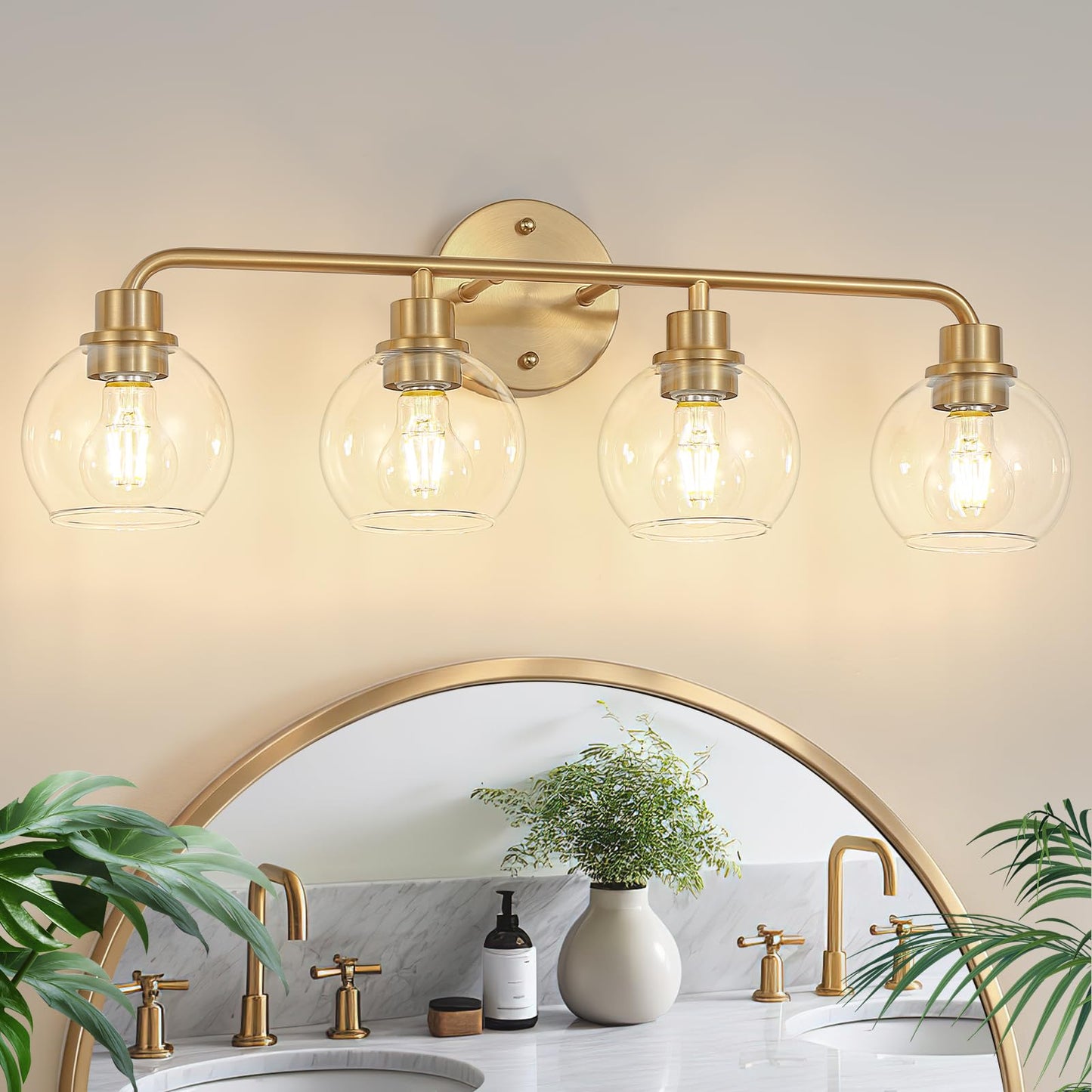 Bathroom Light Fixtures Gold Vanity Light 3 Light Brushed Brass | Wall Sconces Lighting with Clear Globe Glass Shades Bath Wall Lamp for Mirror Kitchen Living Room Bedroom Hallway