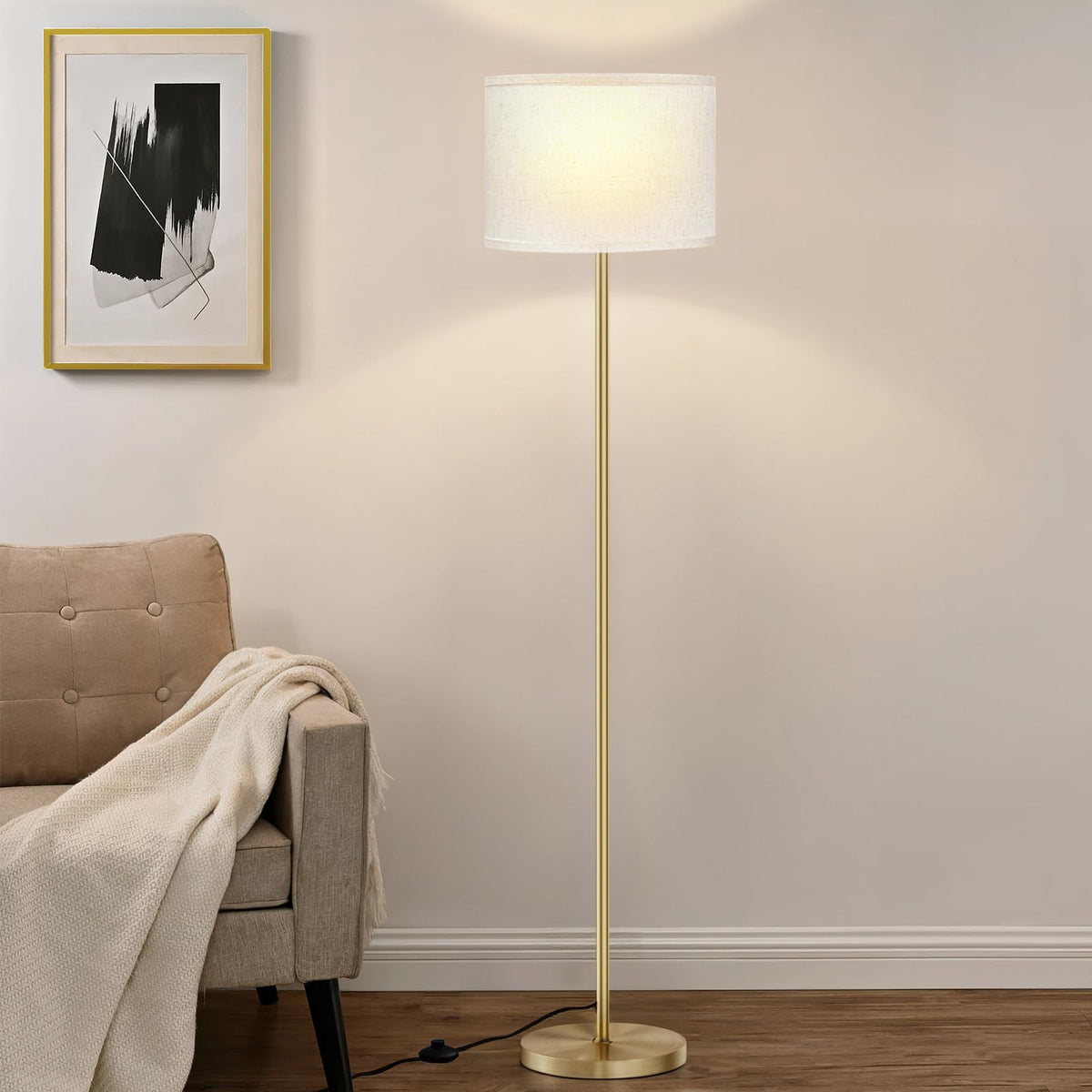 Modern Floor Lamp Simple Design with White Shade & Foot Pedal Switch | 60" Black Floor Lamp(Without Bulb), Tall Lamps for Living Room Bedroom Office Dining Room Kitchen