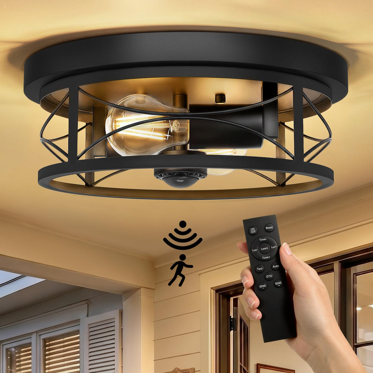 16" Semi-Flush Mount Ceiling Light, 4-Light Hammered Glass Drum Fixture | OYKYOHEI Indoor Lighting for Bedroom Hallway Entryway Kitchen Foyer Living Room Laundry Decor, Black Modern Dimmable E26