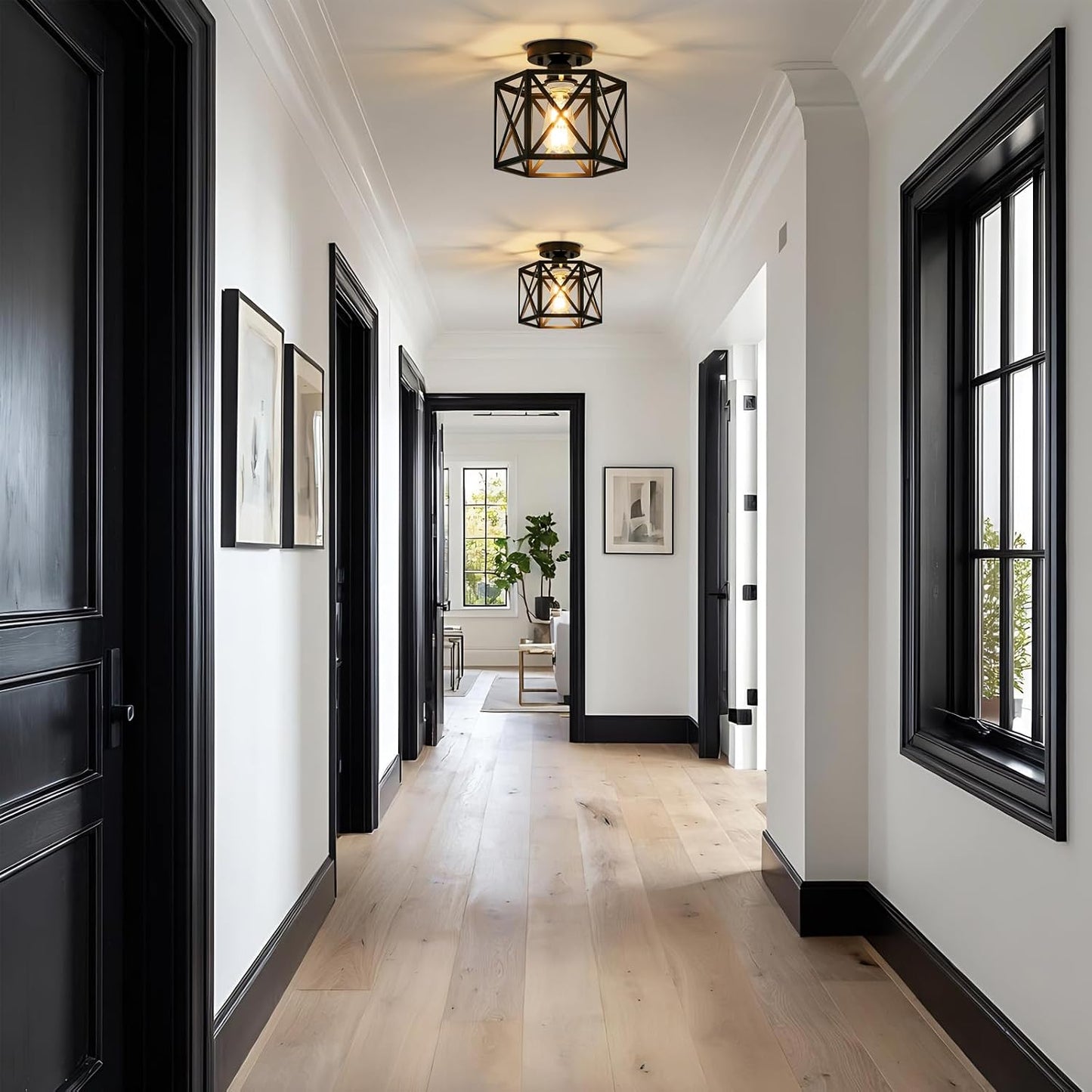 Modern Farmhouse Black Metal Semi Flush Mount Ceiling Light Fixture 9.5 in | Industrial Lighting Fixture,Hexagonal Close to Ceiling Lights for Kitchen, Hallway, Entryway, Bedroom,Foyer,Laundry Room