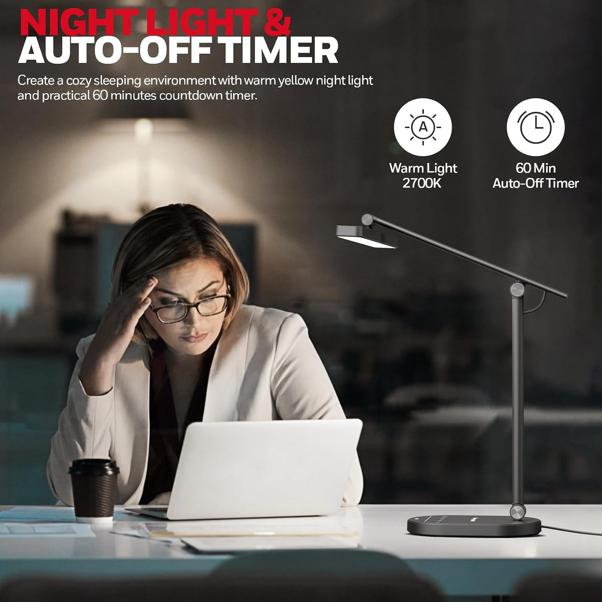 Honeywell HWT-H4 LED Desk Lamp, Eye-Caring, Dimmable, Auto Sensor | CRI97 Sunturalux LED, flicker-free eye care, 3 color temperatures, 5 brightness levels, auto dimming sensor, 60-min timer