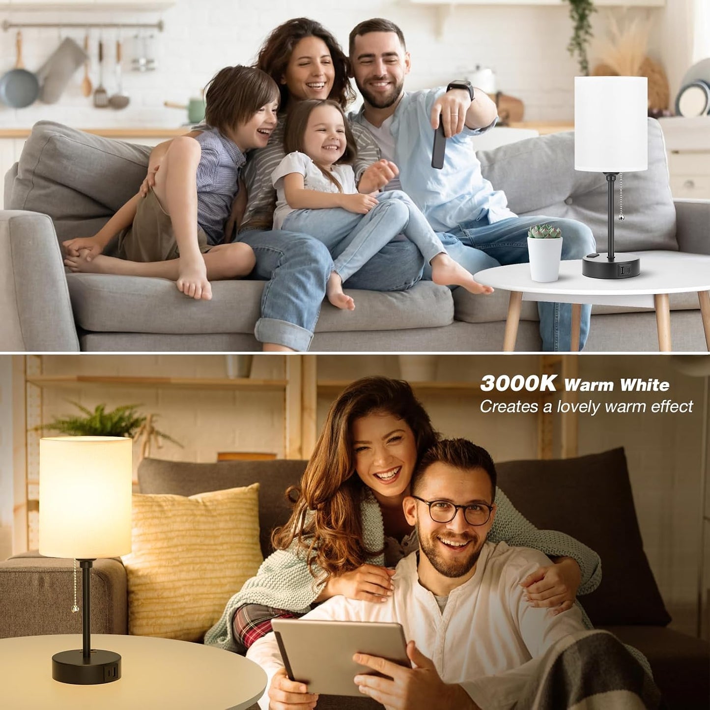 Dicoool Bedside Table Lamp for Bedroom - Small Desk Lamp with USB Ports | USB A+C Ports, AC Outlet, 3 Color Temperatures, LED Bulb Included, White Fabric Shade, Black Metal Base, 14" Nightstand lamp