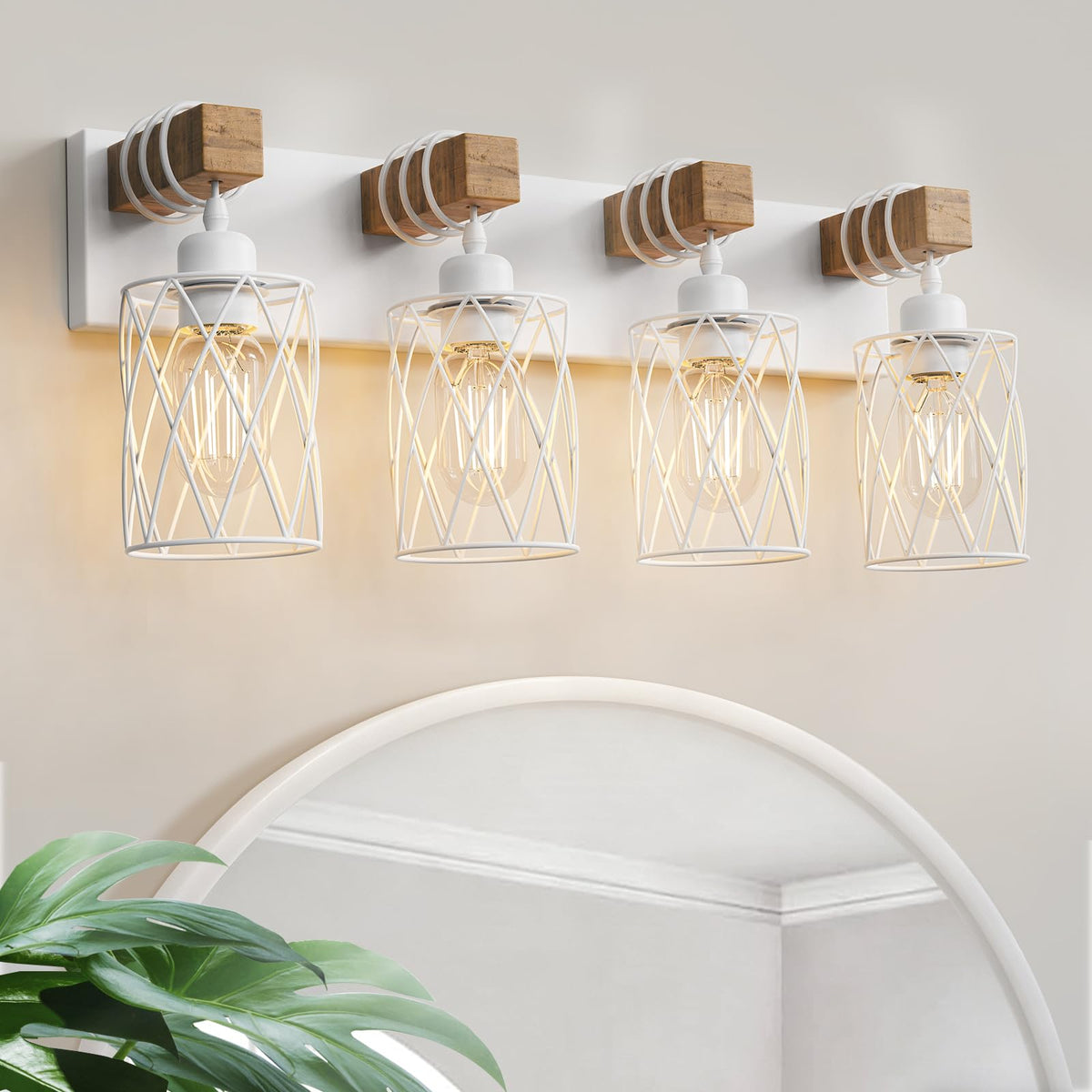 IZORRO Farmhouse Bathroom Vanity Light, 3-Light Wood Bathroom Light Fixtures Over Mirror, Black Industrial Vanity Lights with Metal Shade, Rustic Restroom Lighting Fixtures
