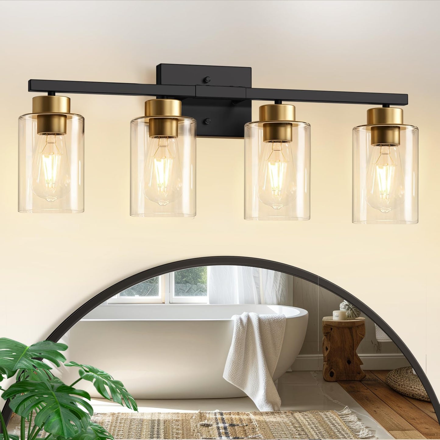 IZORRO Modern Bathroom Light Fixtures, 4 Light Black Vanity Lights, Bathroom Lighting Fixtures Over Mirror with Clear Glass for Living Room Cabinet Bedroom
