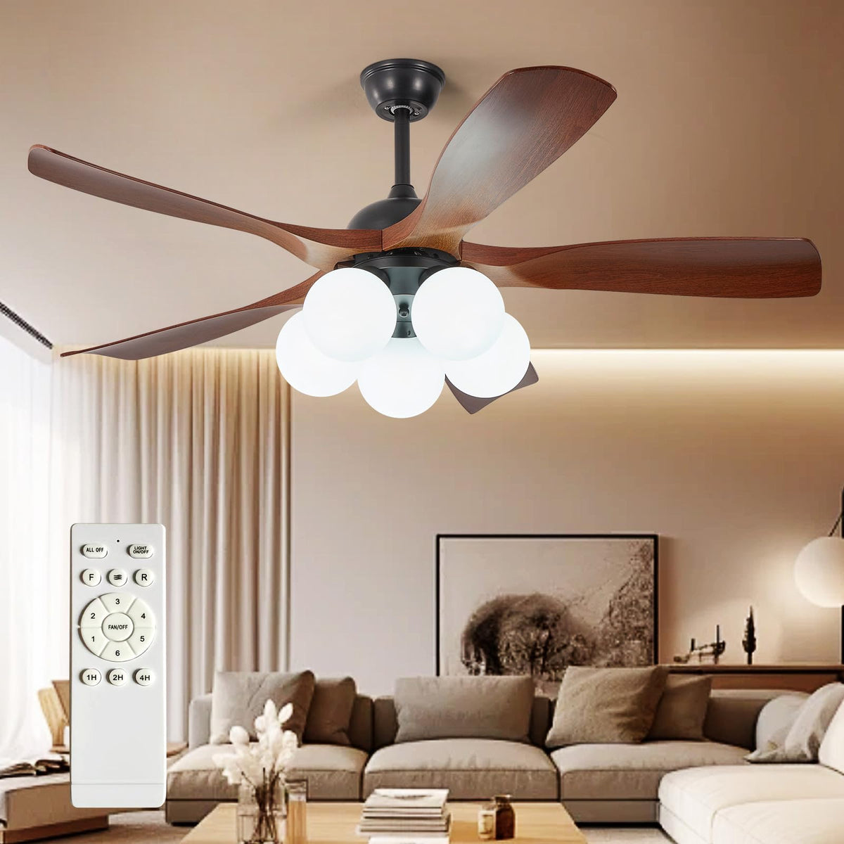 Outdoor Ceiling Fan with Light: 52 Inch 3 Blade Outdoor Fans for Patios - Modern Plastic Walnut Ceiling Fan with Dimmable Light Remote Control Ultra Quiet Reversible DC Motor Timer