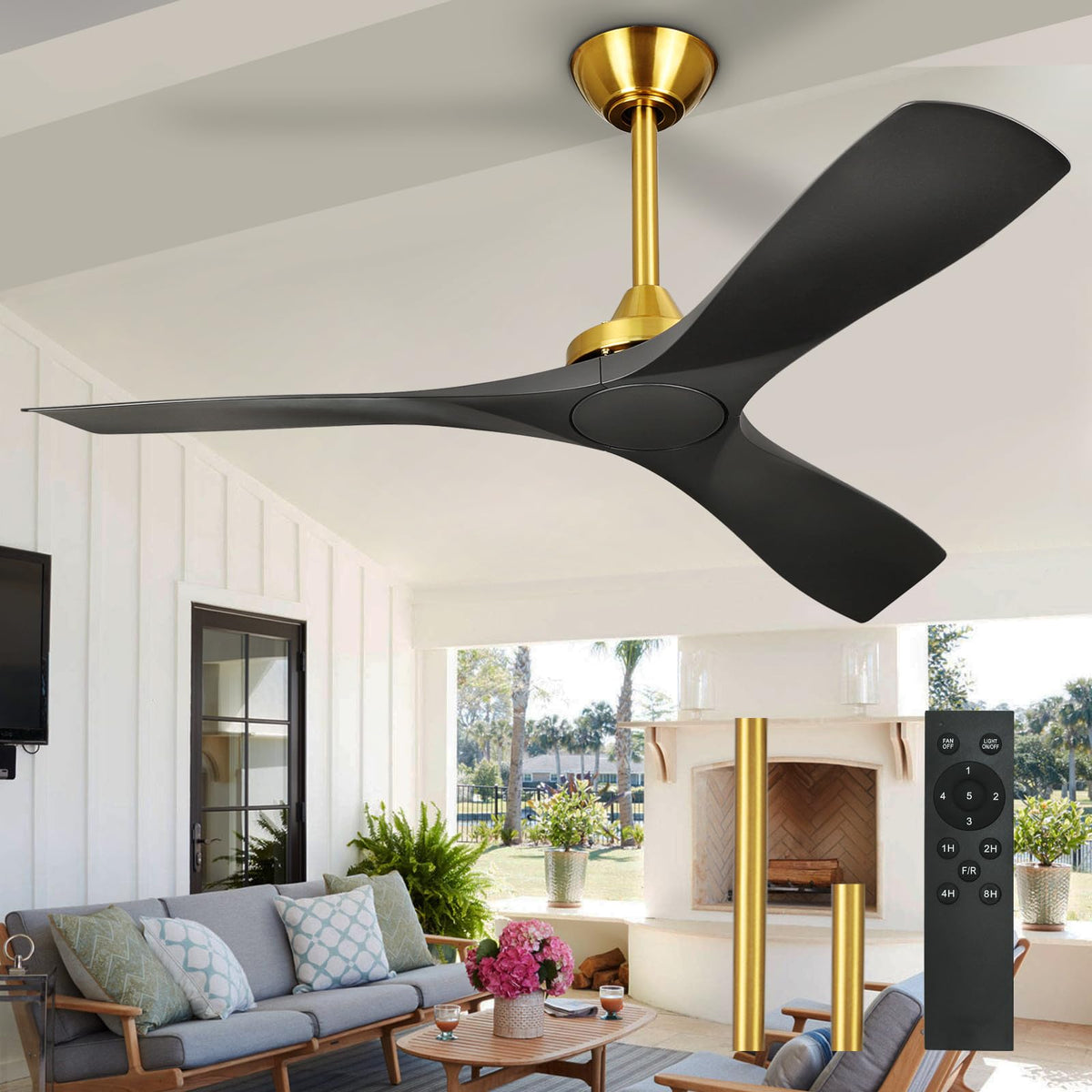 Outdoor Ceiling Fan with Light: 52 Inch 3 Blade Outdoor Fans for Patios - Modern Plastic Walnut Ceiling Fan with Dimmable Light Remote Control Ultra Quiet Reversible DC Motor Timer
