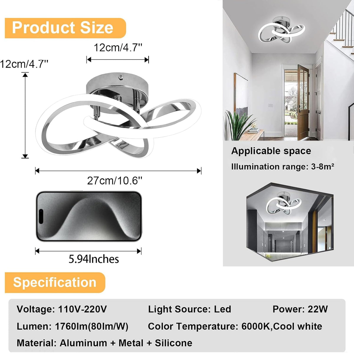 CANEOE Hallway Light Acrylic Modern LED Ceiling Light Fixtures Cool White 6000K Close to Ceiling Lights for Bedroom Bathroom Kitchen Balcony Corridor Stair Aisle Curved Creative Design Celing lamp