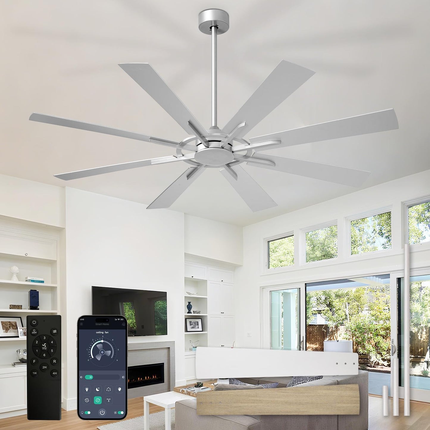Large Ceiling Fans with Lights: Modern 72 Inch 8 Blade Outdoor Ceiling Fan with Remote APP Control - Dimmable Black Big Fan Light Indoor Reversible 6 Speed Quiet DC Motor