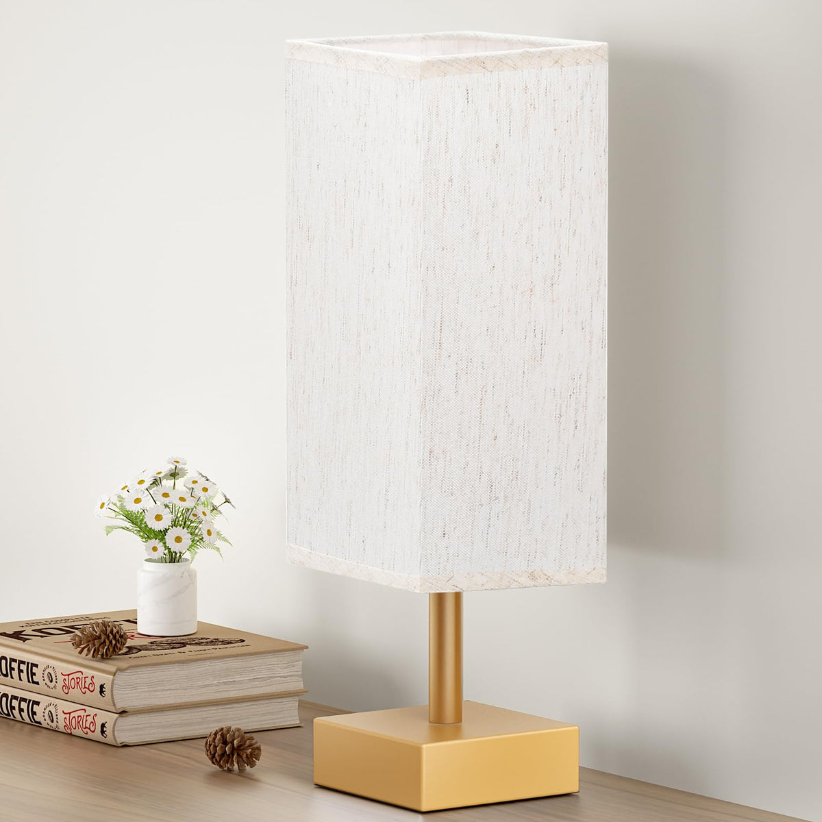 aooshine Small Bedside Table Lamp for Bedroom - Square Cream Fabric Shade | Inline Rocker Switch, Corded Electric, Bulb Not Included, 12.8" Mini Table Lamp for Nightstand, Desk, Dorm, Office