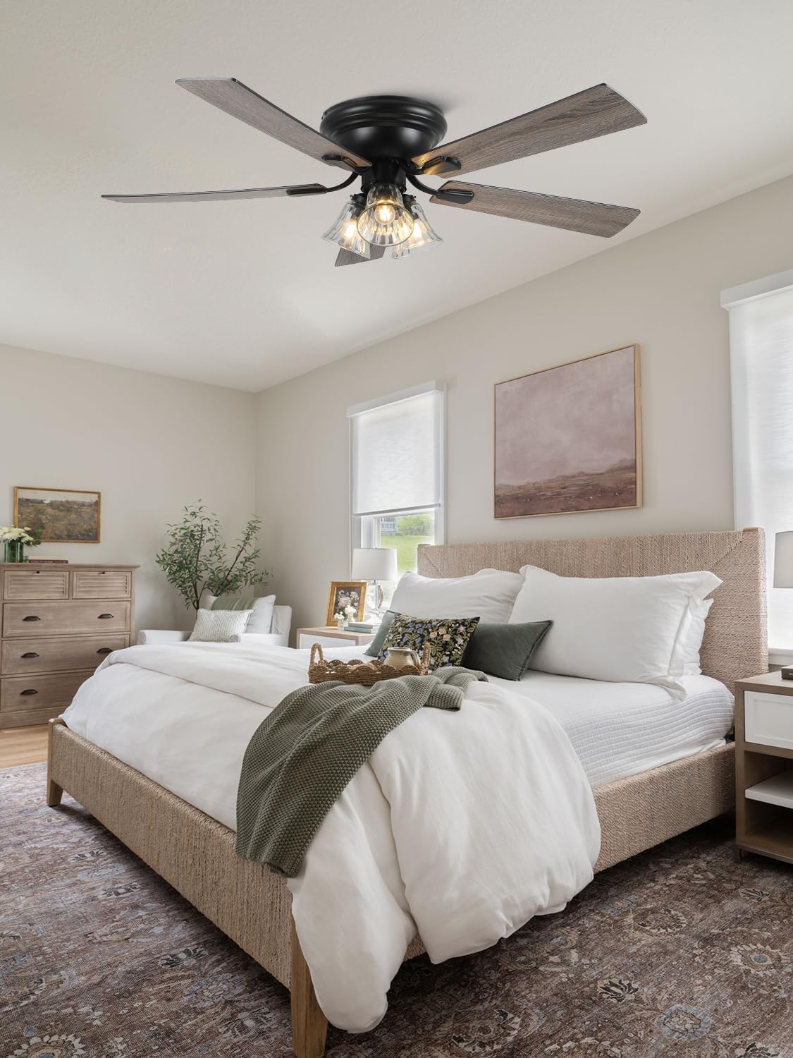 52 Inch Flush Mount Farmhouse Ceiling Fans with Lights and Remote Control | 5 Reversible Blades Vintage Low Profile Ceiling Fan with 3-Light 6 Speeds for Living Room Bedroom Kitchen Dining Room