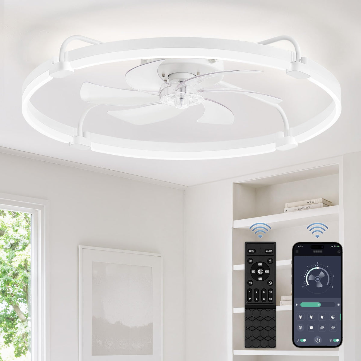 LEDIARY 20" Ceiling Fans with Lights and Remote, Low Profile Led Fan Light | Flush Mount, Stepless Dimmable Fandelier, 6 Speeds, 3 CCT, Quiet Reversible DC Motor, 2H Timer, Bedroom, Living Room, Black