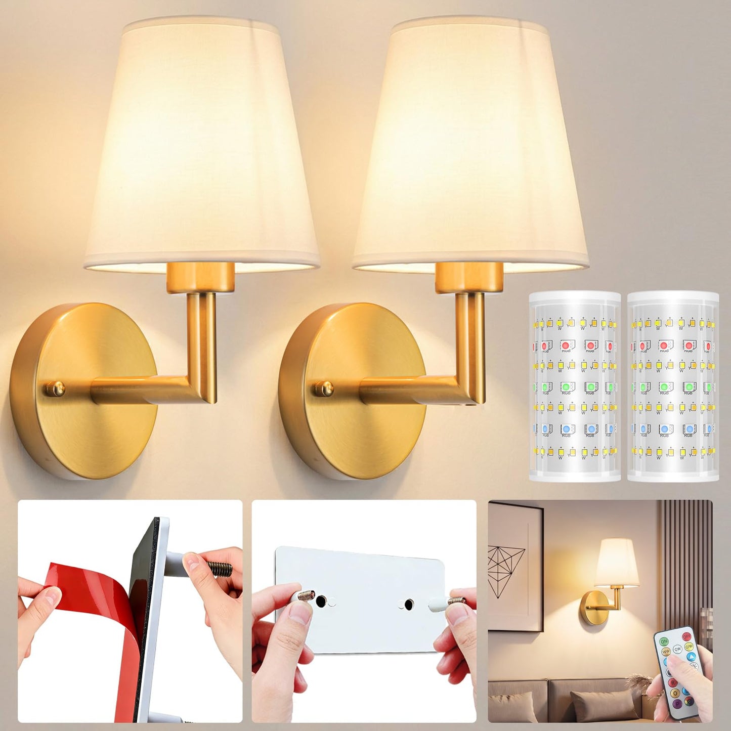 Nekhung Battery Operated Wall Sconce, Peel and Stick Sconces Set of 2 | Wireless Adhesive Stick On Wall Sconce, 10000mAh Rechargeable RGB Bulb with Remote, No Drill Wall Light for Bedroom Decor