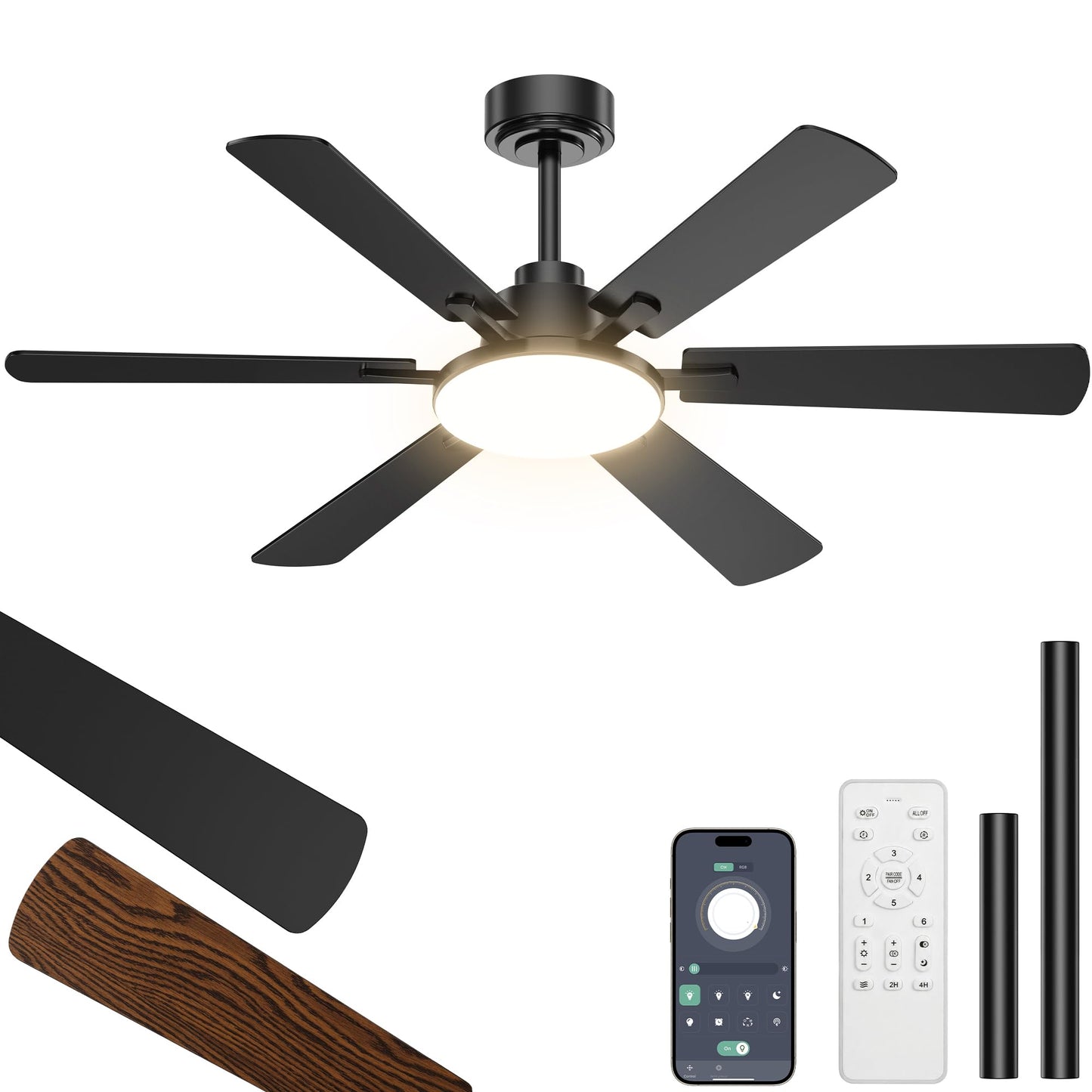 52'' Ceiling Fans with Lights and Remote Control for Living Room | 6 Blades, 6 Speeds, MAX 5600 CFM, Remote&APP Control, 3CCT Dimmable LED, All Metal Body, Memory Function, Reversible DC Motor