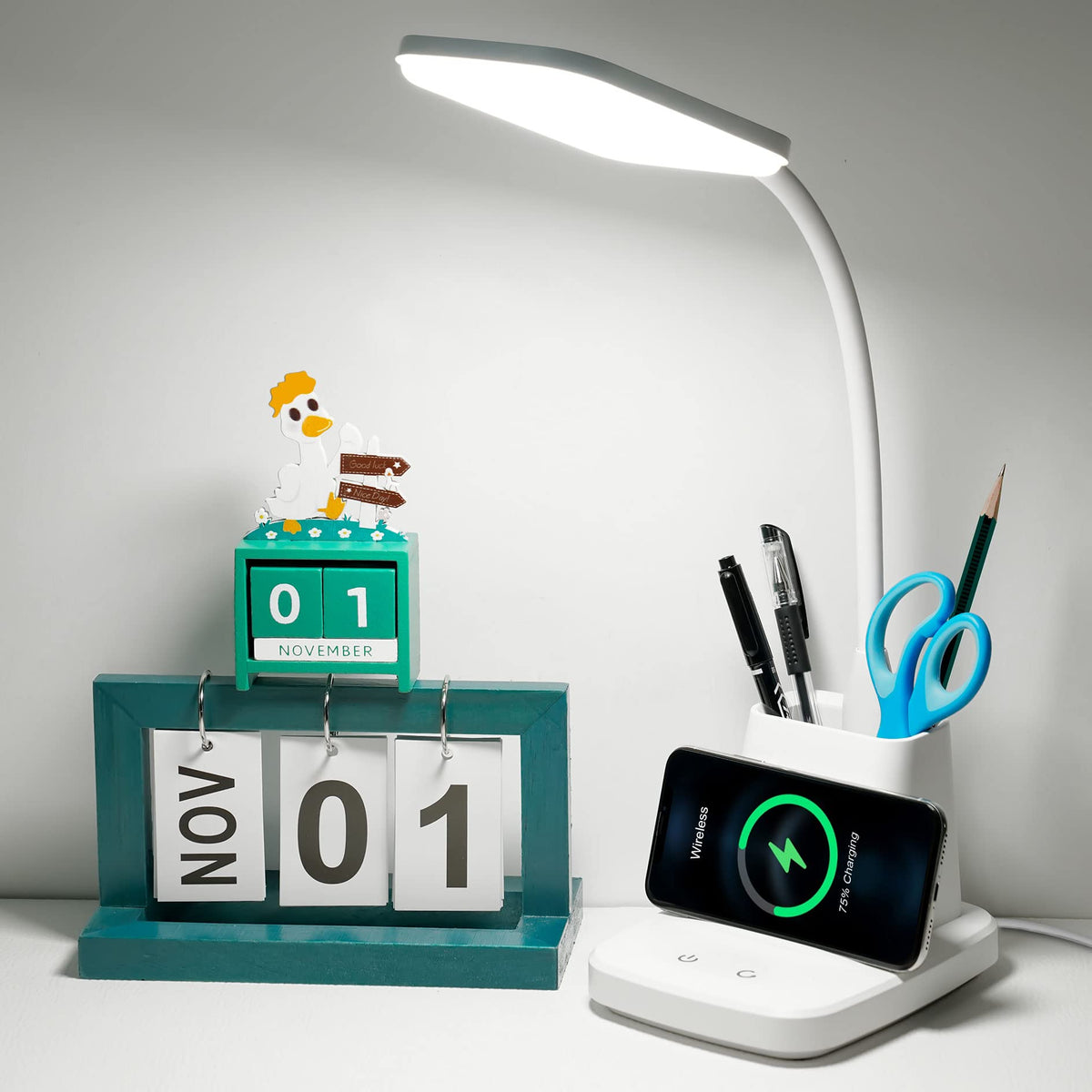 LED Desk Lamp with 10W Wireless Charging & Pen Holder, Black | CRI 95, 800LM, Stepless Dimming, 3 Modes, 360°Flexible Arm, Touch, Study Table Lamp for Home Office, Dorm Room, with Adapter