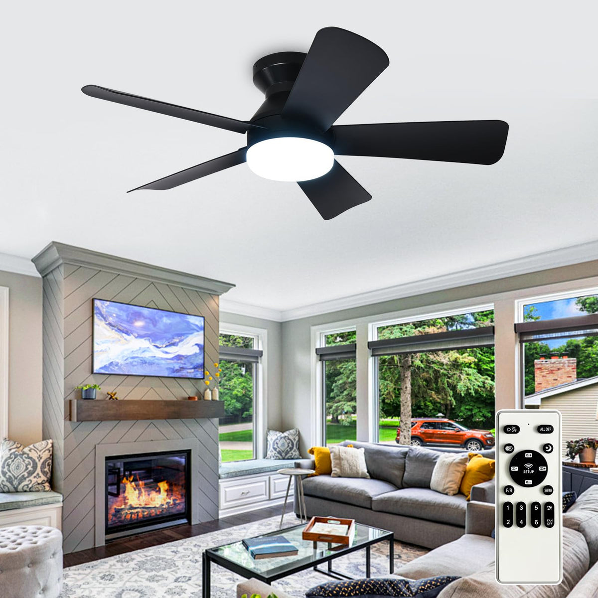 Depuley Modern Ceiling Fan with Light: 42-Inch Black Small Fans for Bedroom Indoor Outdoor - Dimmable Low Profile Ceiling Fans with Remote Control Flush Mount 5 Reversible Black Blades 6 Speeds Timer