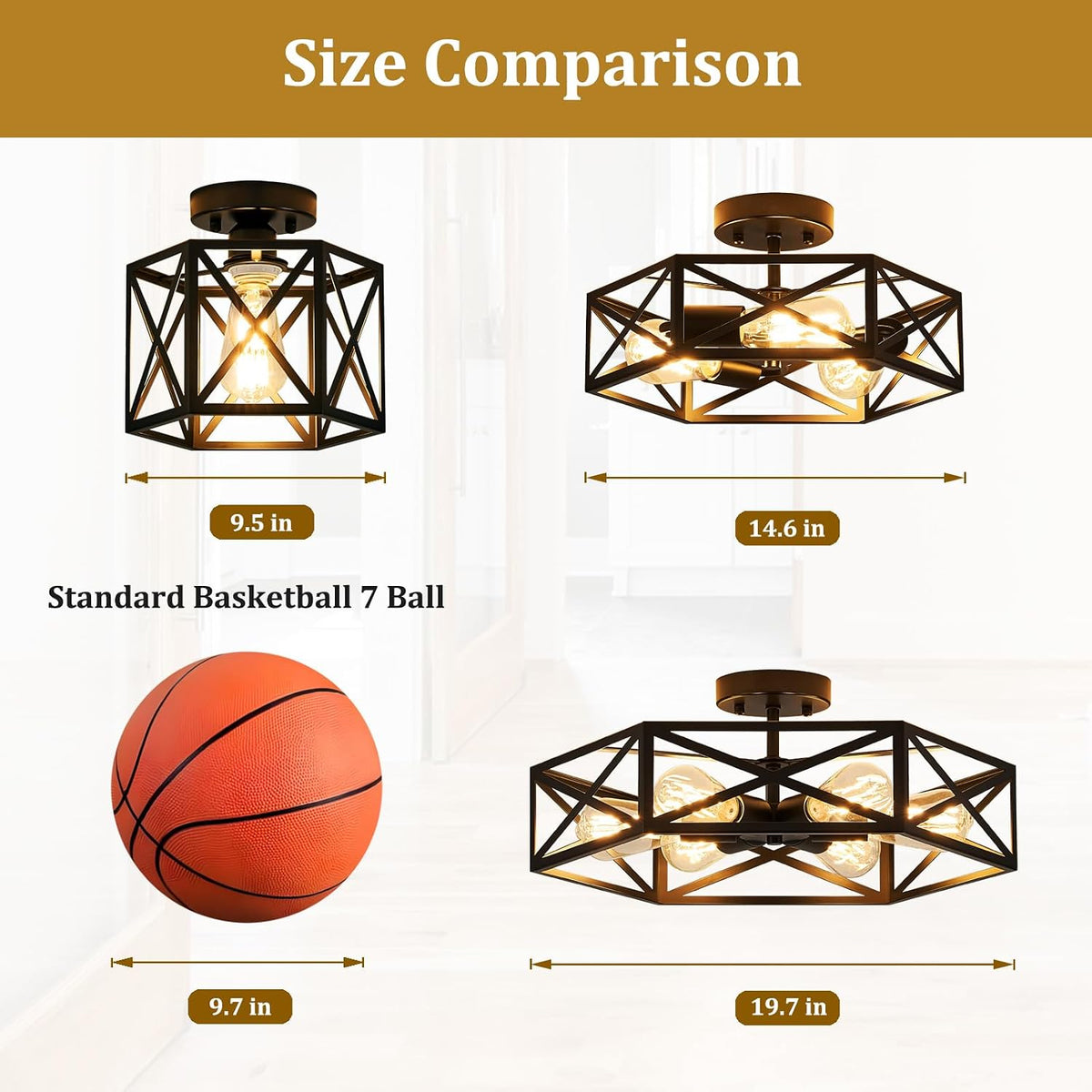 Black Modern Farmhouse Metal Semi Flush Mount Ceiling Light Fixture 14.6 in | Industrial Ceiling Lighting Fixture,hexagonal Lighting Fixtures for Kitchen Island Bedroom Foyer Dining Room Hallway,3-Light