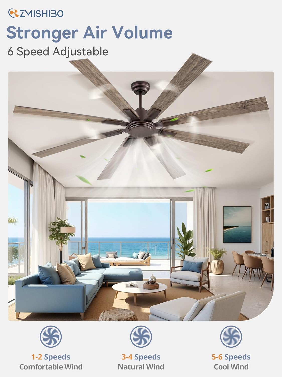 ZMISHIBO 72 Inch Ceiling Fan No Light with Remote, 6-Speeds | 6 Speeds Quiet Reversible DC Motor, Large Ceiling Fan Without Light, Indoor/Outdoor Ceiling Fans for Living Room Patios