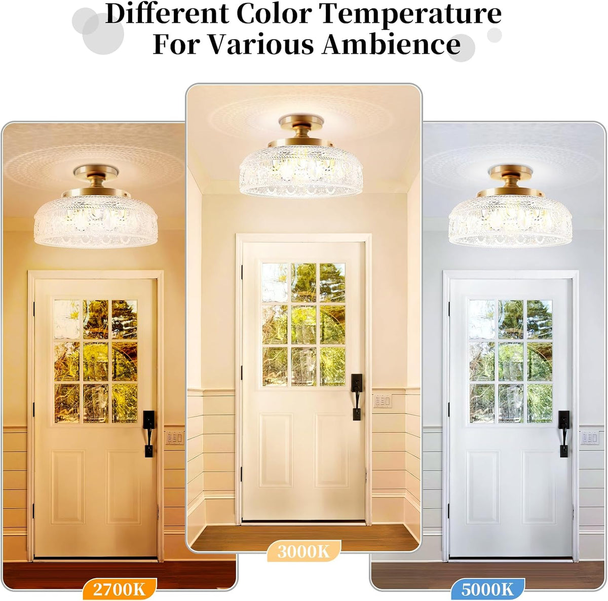 Lamomo Semi Flush Mount Ceiling Light, Golden Hallway Fixture, 12in | 3 Bulb Globe Glass Close to Sconce, kitchen lights, Indoor Hanging Lamp for Bedroom Kitchen Porch Hallway, Bulbs Not Included