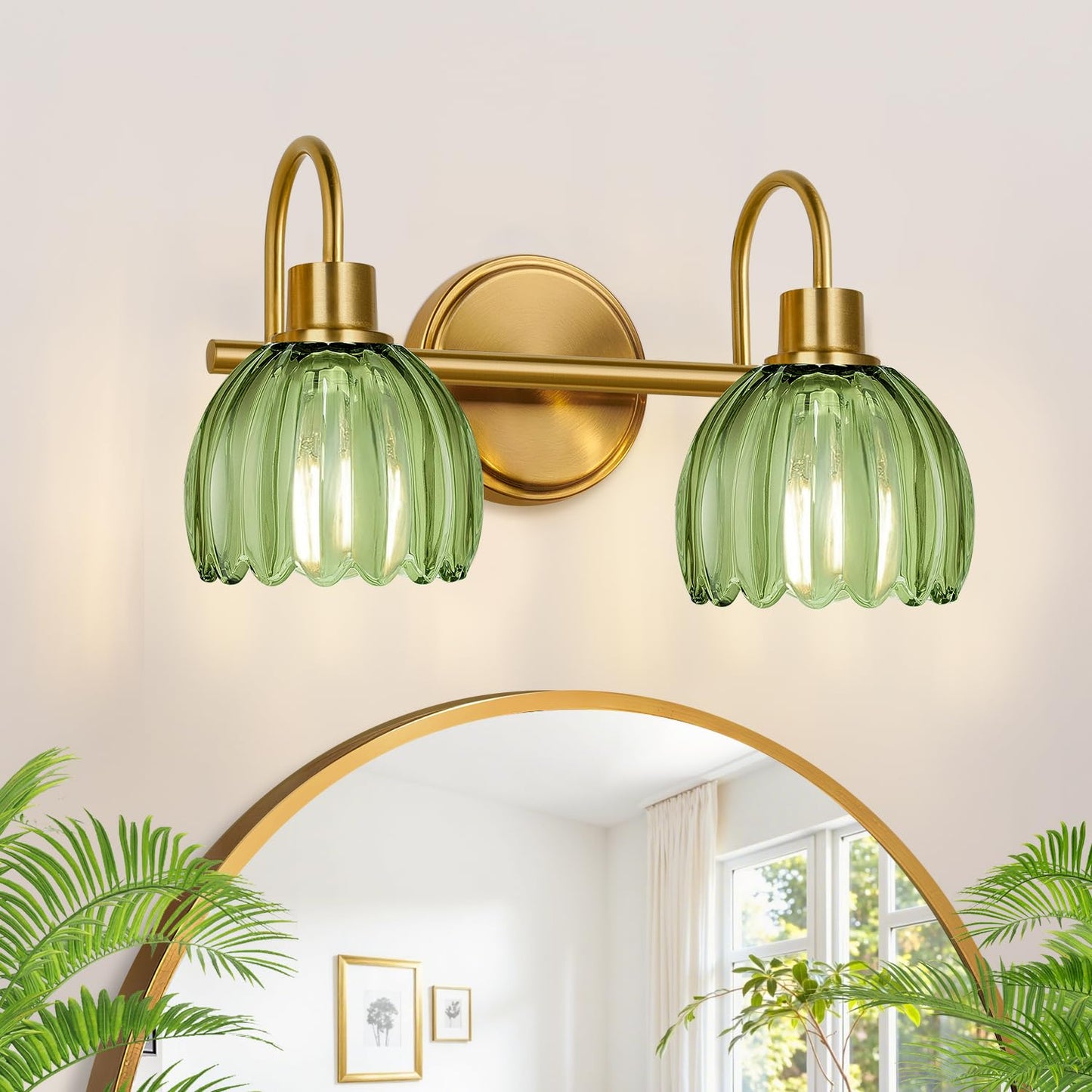 Bathroom Light Fixtures, 3-Light Brushed Gold Vanity Lights for Bathroom with Ribbed Amber Tulip Glass Shade, 20 in Bathroom Vanity Lights Over Mirror for Bedroom, Living Room, Hallway