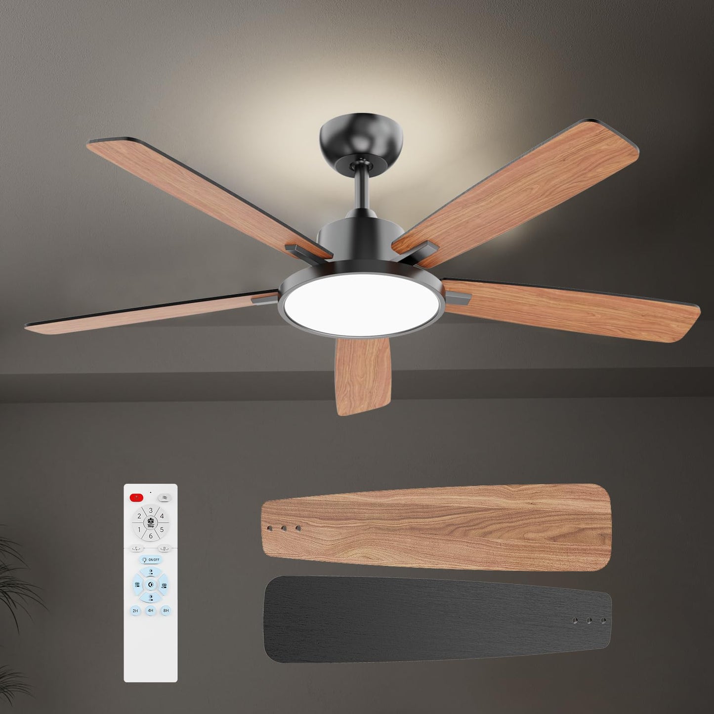 TALOYA 52 Inch Black Ceiling Fans with Lights Led Remote Control Flush Mount Low Profile for Bedroom Living Dining Room Outdoor Farmhouse Patio,Reversible,DC Motor,Diammable,Buzzer ON/Off,5 Blades