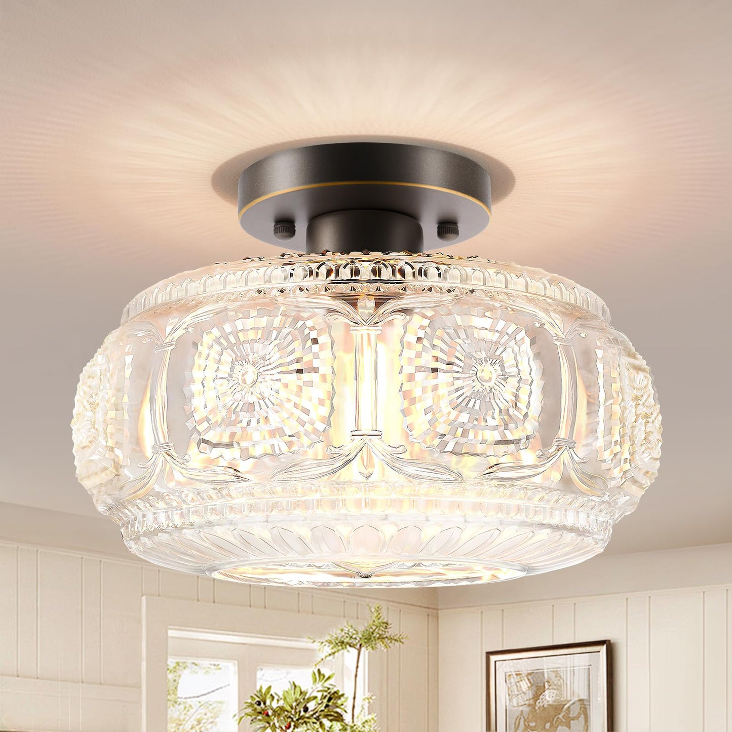 Globe Glass Semi Flush Mount Ceiling Light Fixture, Vintage Gold | Beautiful Light Shadow, Easy to Install, Bright Ambiance, Modern Lighting for Hallway Entryway Kitchen Bathroom Bedroom