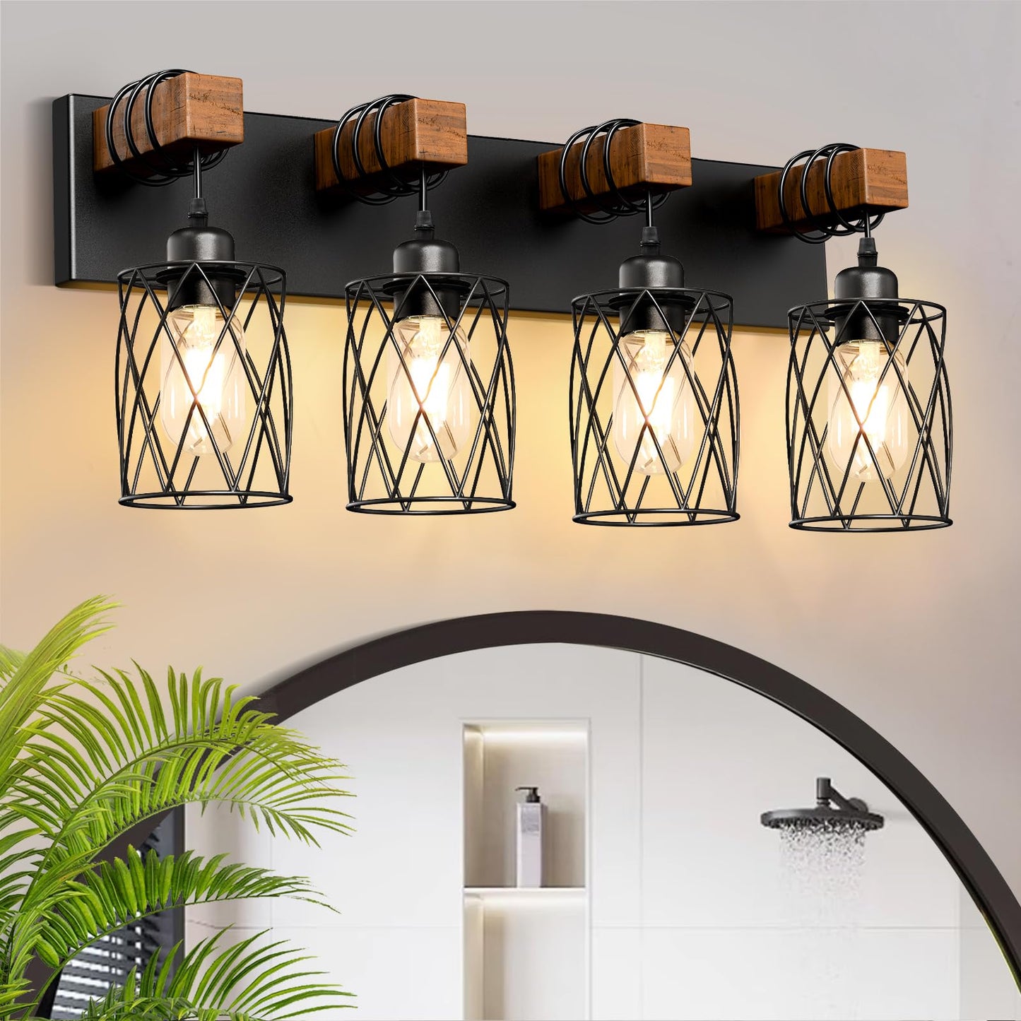 IZORRO Farmhouse Bathroom Vanity Light, 3-Light Wood Bathroom Light Fixtures Over Mirror, Black Industrial Vanity Lights with Metal Shade, Rustic Restroom Lighting Fixtures