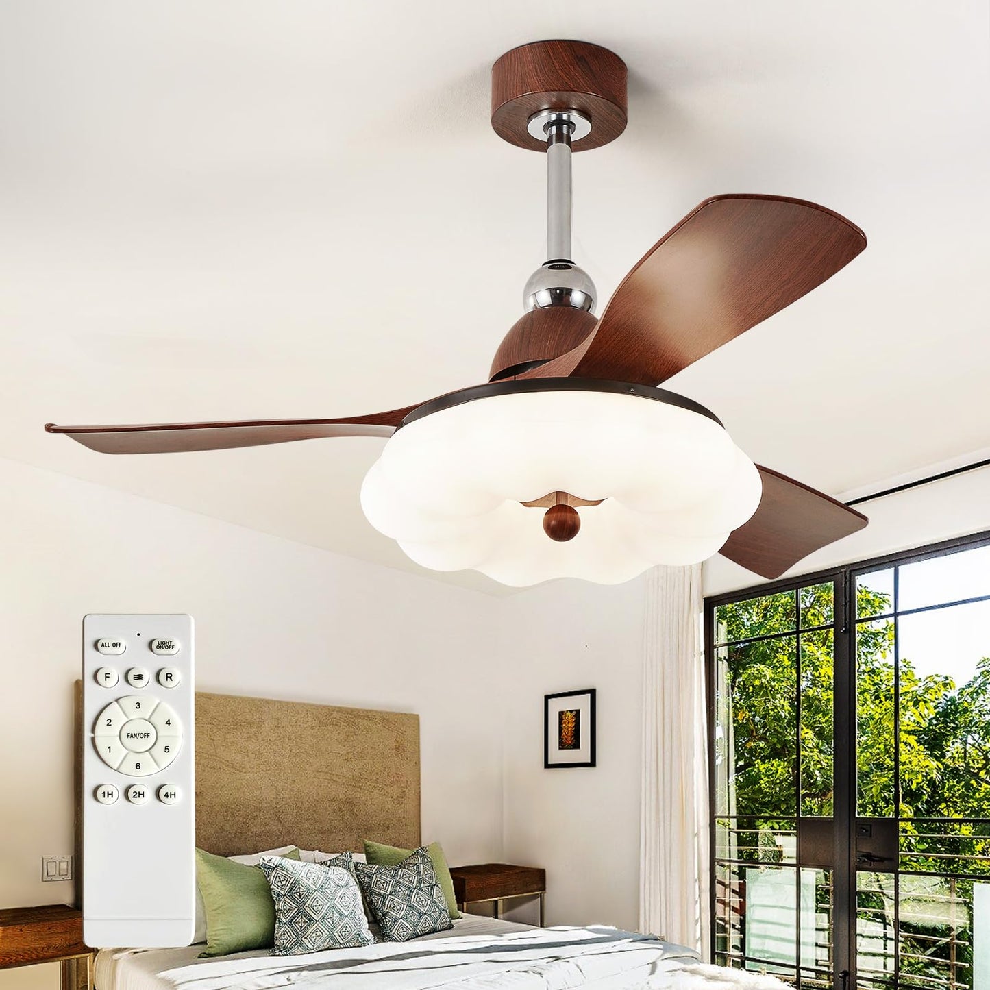 Outdoor Ceiling Fan with Light: 52 Inch 3 Blade Outdoor Fans for Patios - Modern Plastic Walnut Ceiling Fan with Dimmable Light Remote Control Ultra Quiet Reversible DC Motor Timer