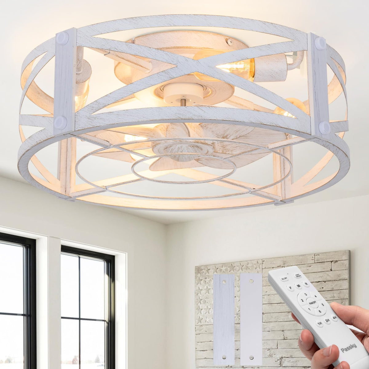 Passky 20" Caged Ceiling Fans with Lights and Remote, Low Profile Fandelier | Reversible DC Motor, 1/2/4H Timer, 6 Speeds, Farmhouse Style, Quiet Operation, for Bedroom, Kitchen, Dining Room, Living Room