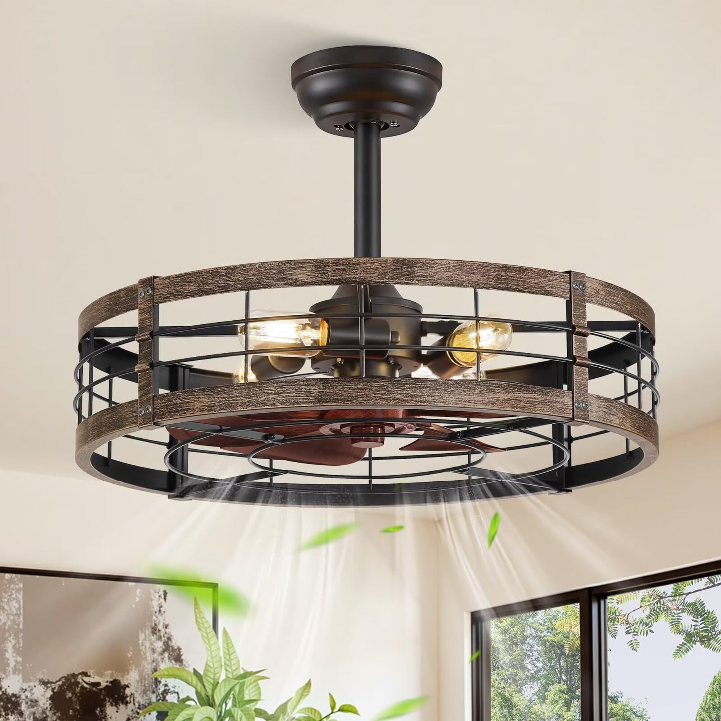 LEDIARY 20 inch Fandelier Caged Ceiling Fan with Light and Remote, Black | 6 Speed Adjustable,Timing, Quiet & Powerful DC, Small, Farmhouse, Industrial, Enclosed, Bladeless, Bedroom, Kitchen, Downrod