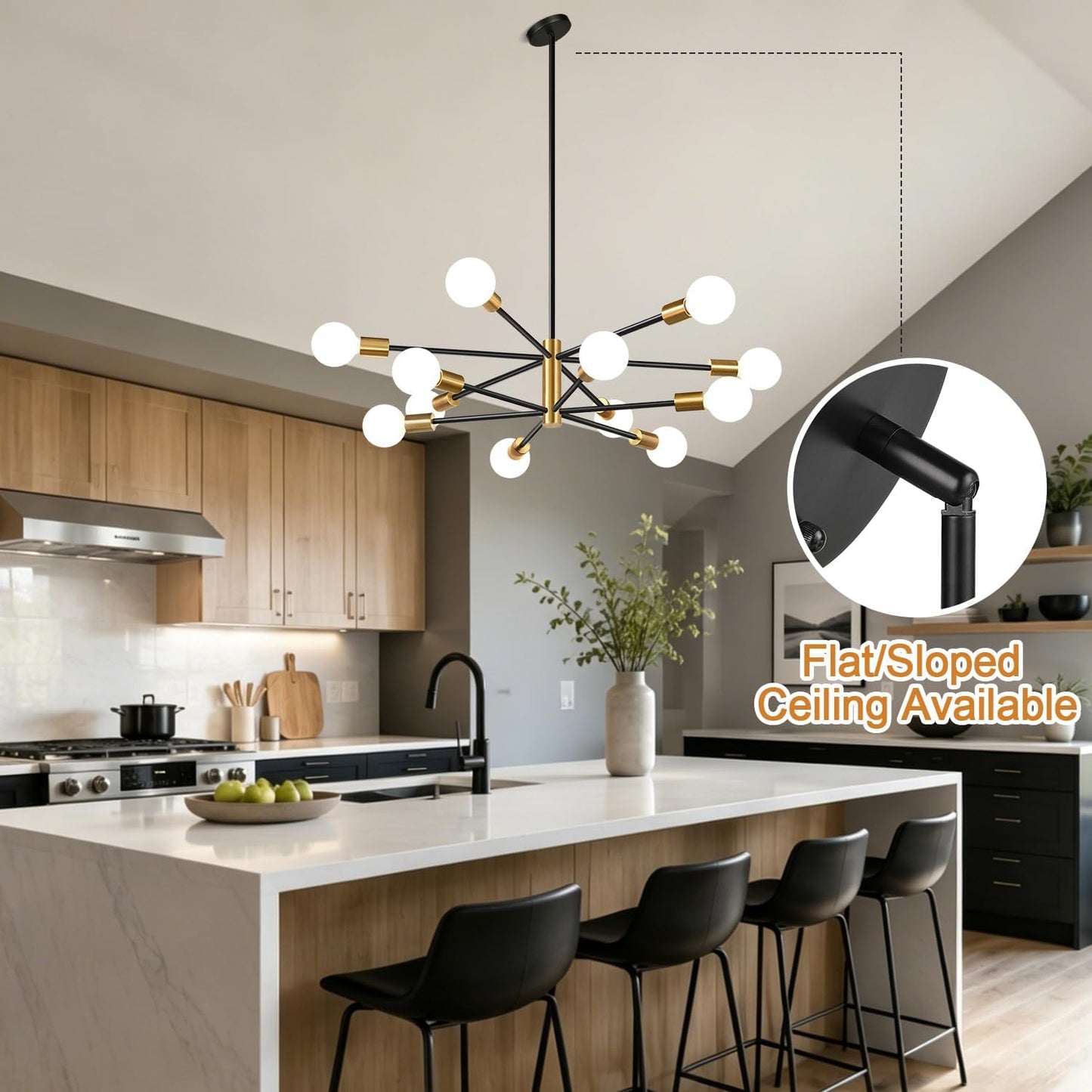 11"-52" Height Adjustable Modern Chandelier Ceiling Light Fixture, 12-Light Sputnik Chandeliers Brushed Gold and Matte Black Mid Century Chandelier Over Table, Chandeliers for Dining Room Living Room
