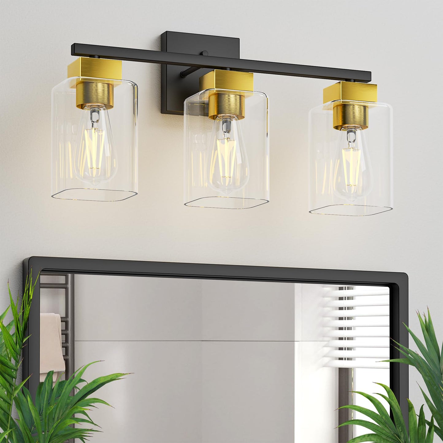 Matte Black Bathroom Vanity Light, 3-Light Vanity Lighting fixtures Over Mirror, Square Design & UL Certification, Wall Sconces with Clear Glass Shades, E26 Socket (Bulbs Not Included)