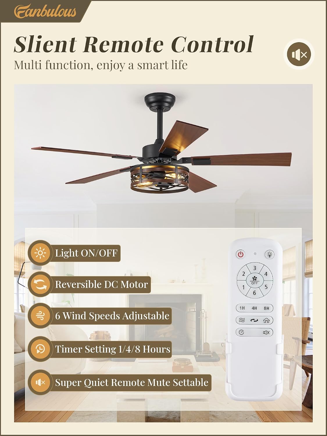 Fanbulous 48" Farmhouse Ceiling Fan with Light & Remote, 2-Light Caged | DC Motor Quiet and Reversible, 6-Speed Adjustable, Dual Finish 5 Blades Rustic for Bedroom and Living Room, Black and Walnut