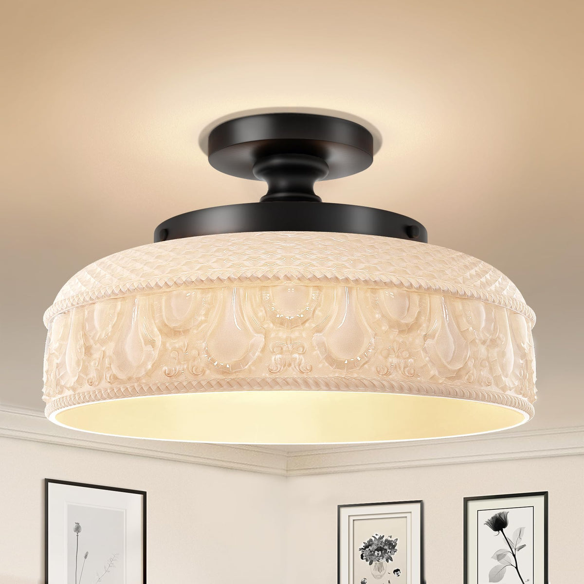 Lamomo Semi Flush Mount Ceiling Light, Golden Hallway Fixture, 12in | 3 Bulb Globe Glass Close to Sconce, kitchen lights, Indoor Hanging Lamp for Bedroom Kitchen Porch Hallway, Bulbs Not Included