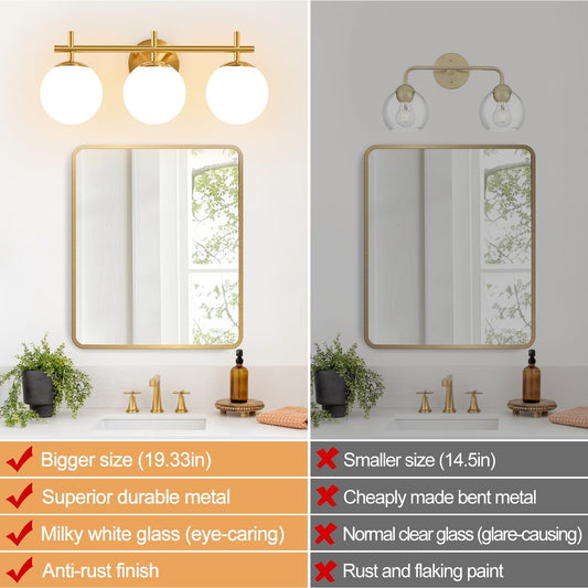 3-Light Bathroom Light Fixtures, Brushed Gold Vanity Lights for Bathroom with Milky White Glass Globe Shade, 19.3 inch Bathroom Lighting Fixtures Over Mirror, Wall Sconce for Bedroom(Bulb Not Included