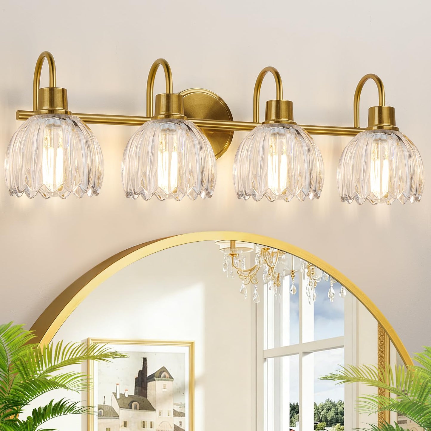 Bathroom Light Fixtures, 3-Light Brushed Gold Vanity Lights for Bathroom with Ribbed Amber Tulip Glass Shade, 20 in Bathroom Vanity Lights Over Mirror for Bedroom, Living Room, Hallway