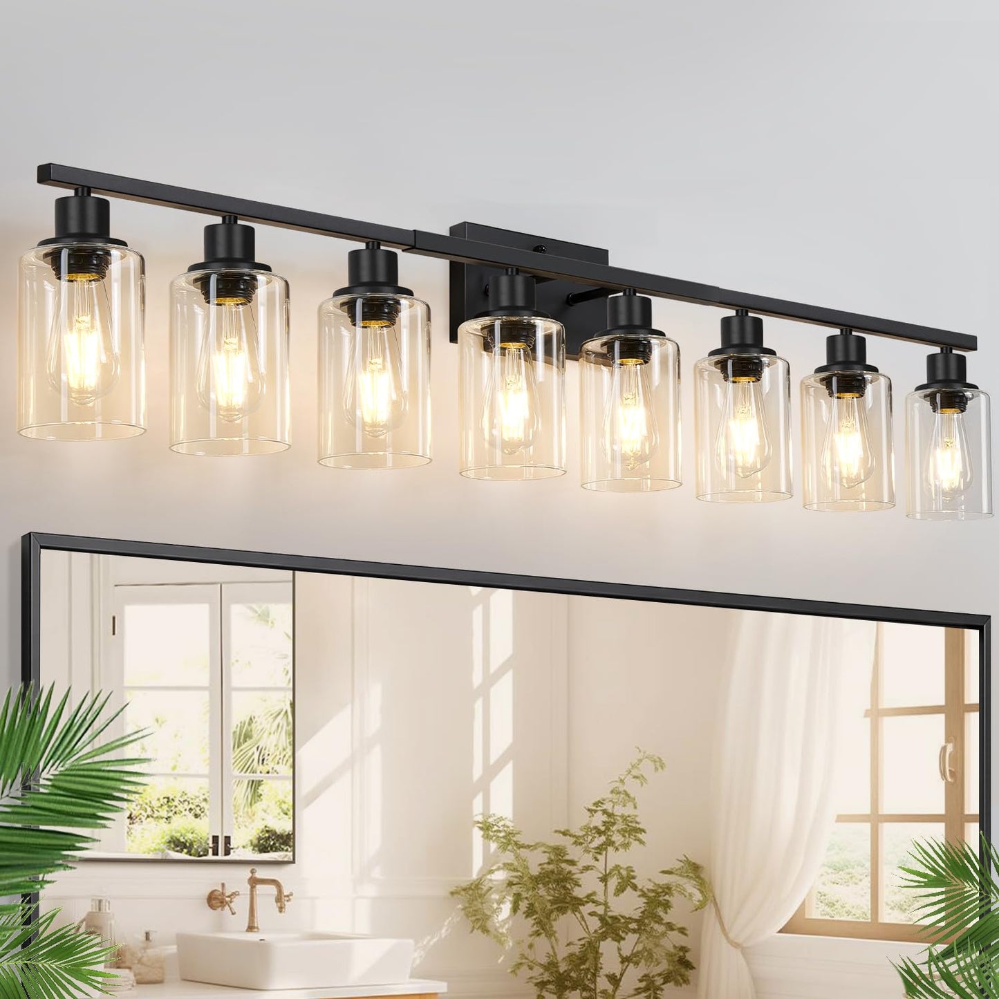 Indoi 4-Light Bathroom Light Fixtures, Matte Black Modern Vanity Lights with Clear Glass Shades, Bathroom Wall Lamp for Mirror Living Room Cabinet Bedroom Porch