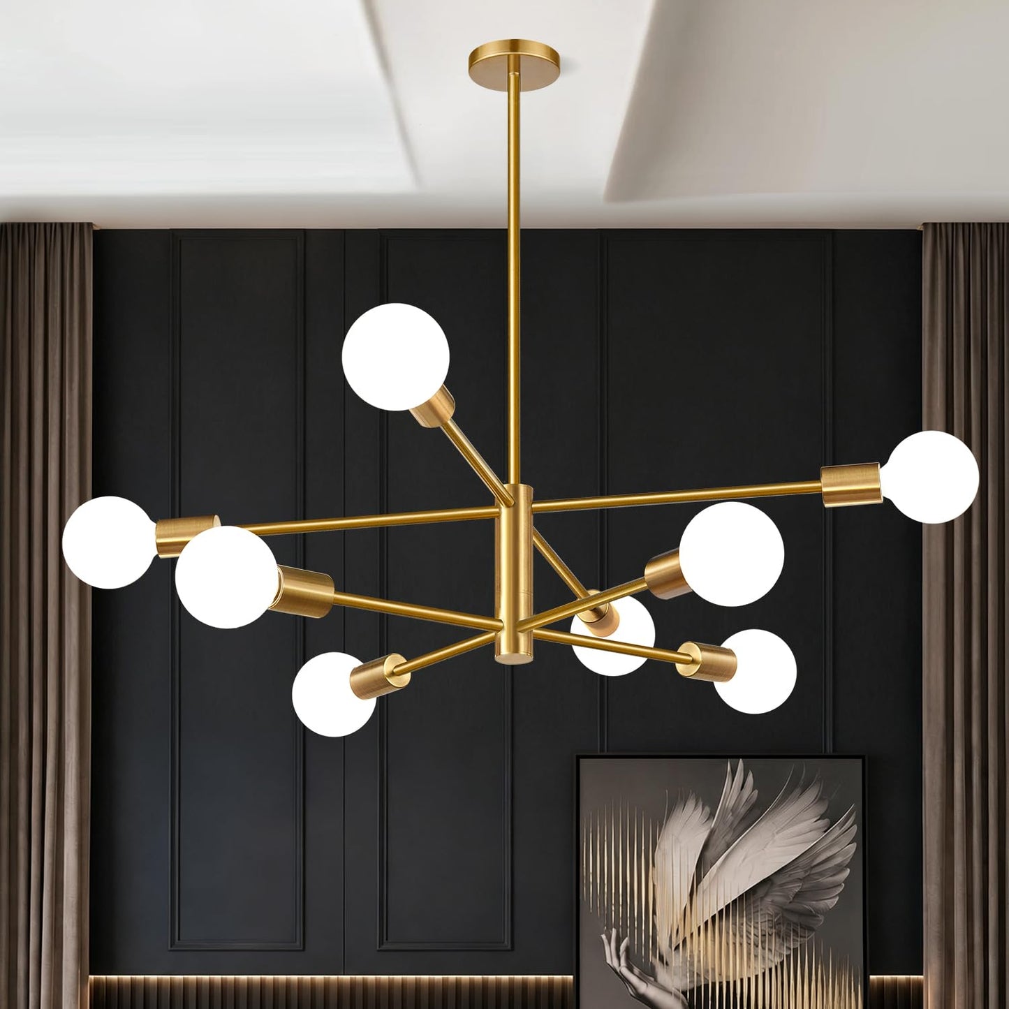 11"-52" Height Adjustable Modern Chandelier Ceiling Light Fixture, 12-Light Sputnik Chandeliers Brushed Gold and Matte Black Mid Century Chandelier Over Table, Chandeliers for Dining Room Living Room