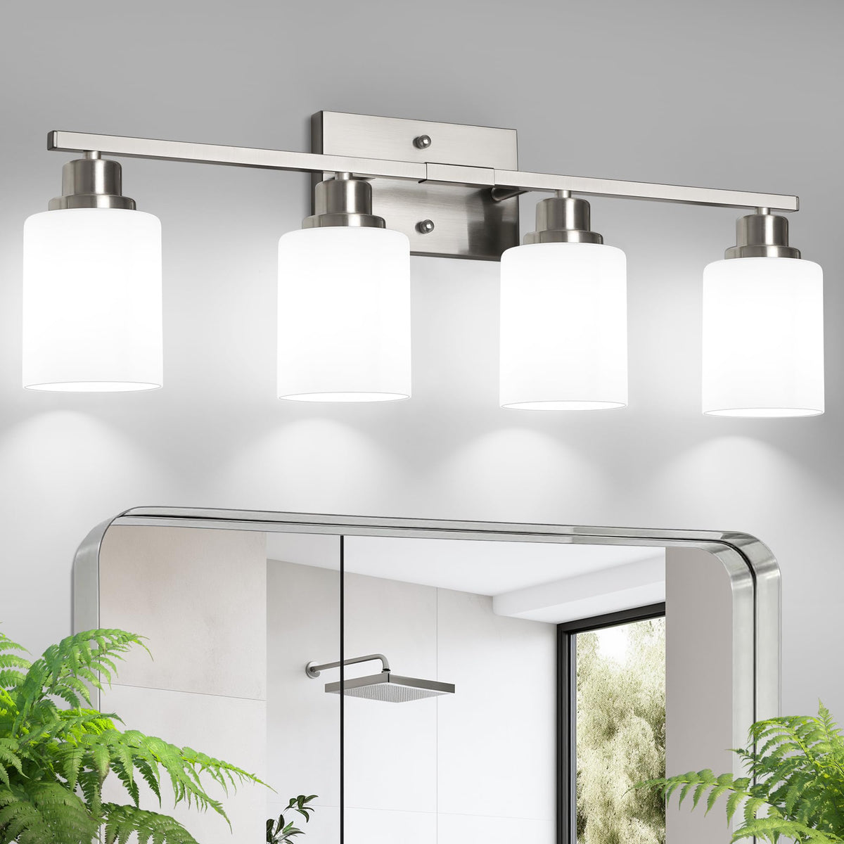 Ascher Bathroom Light Fixtures, 4-Light Vanity Light Over Mirror, Brushed Nickel Wall Sconces with Milky White Frosted Glass Shades, Wall Lamp for Living Room Bedroom, E26 Base(Bulbs Not Included)